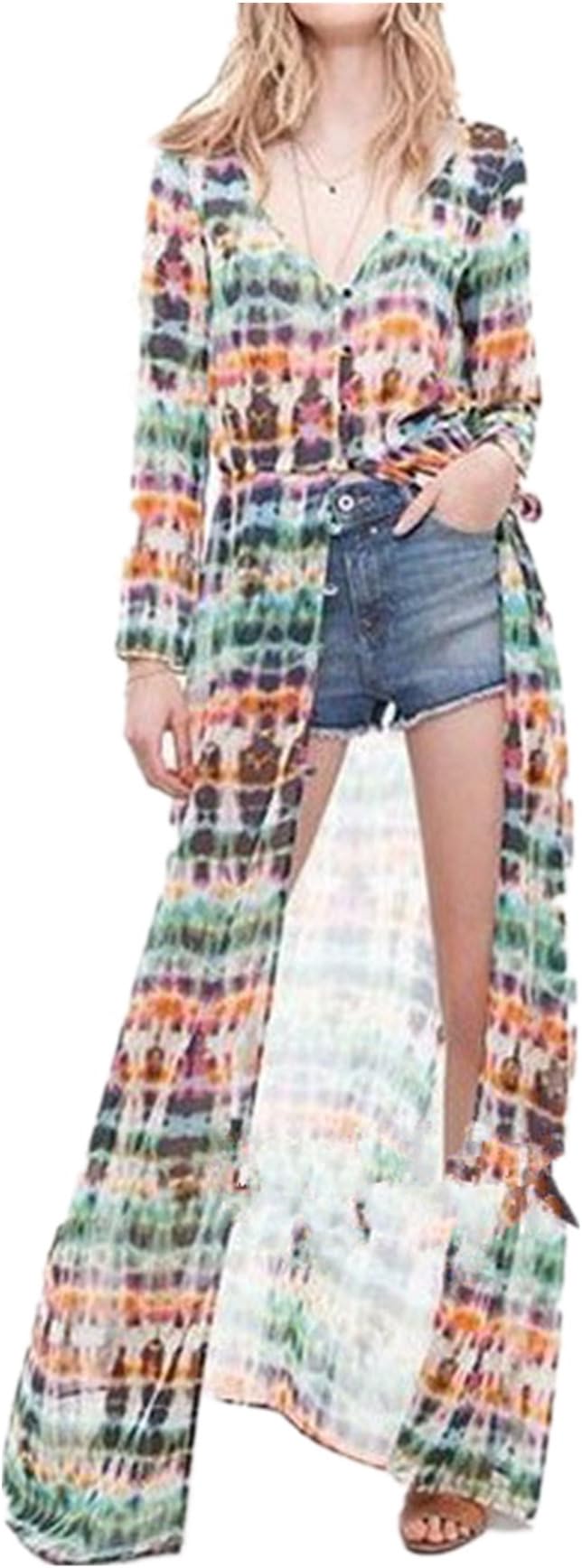 WIIPU Vintage Bohemia Tie-Dye Printing Button Up Cardigan Maxi Dress S M L(J28) (M)