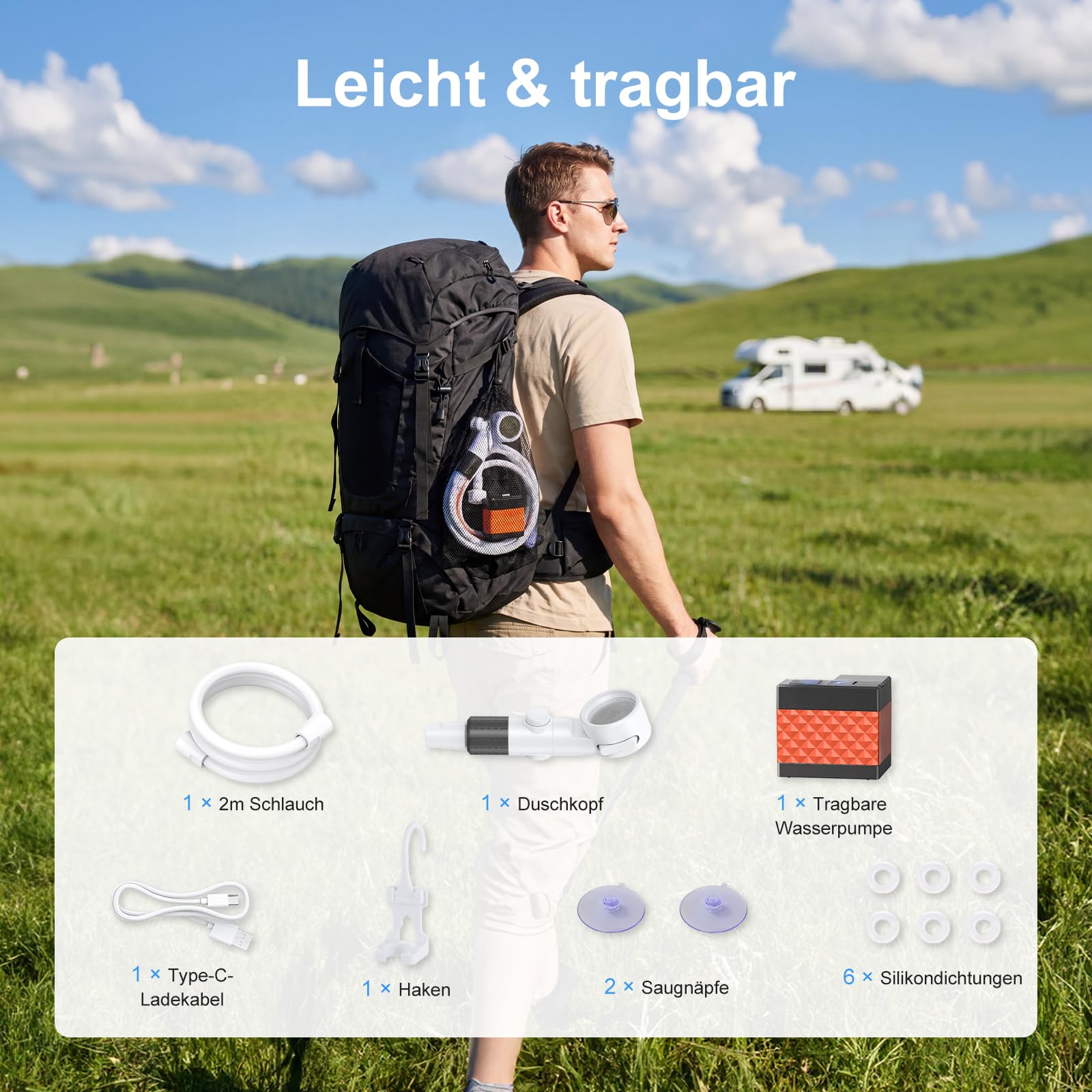 Homealexa Campingdusche Akku 6000mAh, Tragbare Outdoor Dusche mit LED Anzeige, USB-C Wiederaufladbar, 3 Strahlmodi, IPX7 Wasserdicht, Mobile Reisedusche für Camping, Wohnmobil, Hundedusche