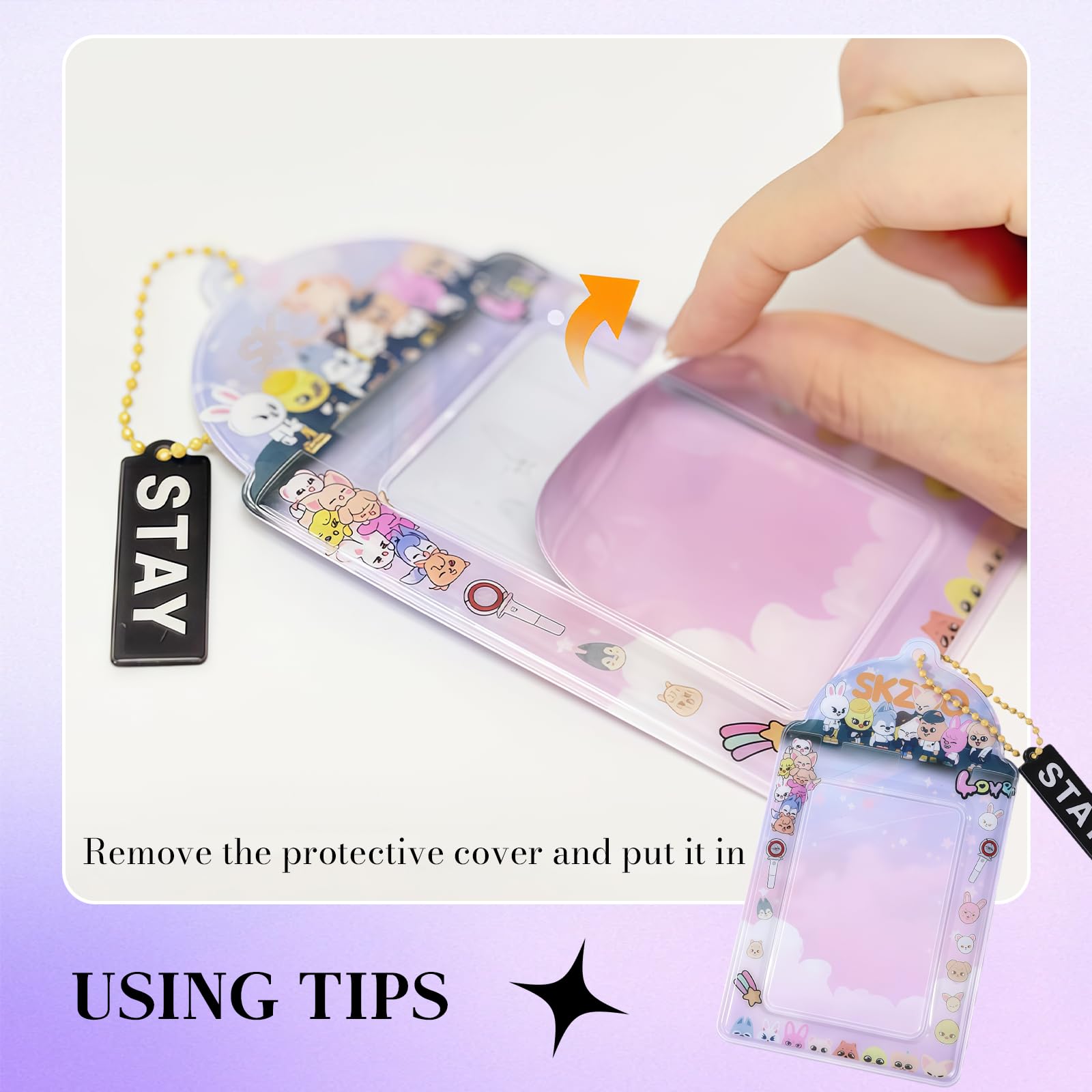 Yamobi Stray Kids Photocard Holder, śliczny uchwyt na karty z łańcuszkiem, dekoracyjna zawieszka na karty Stray Kids i gadżet K-Pop (różowy)