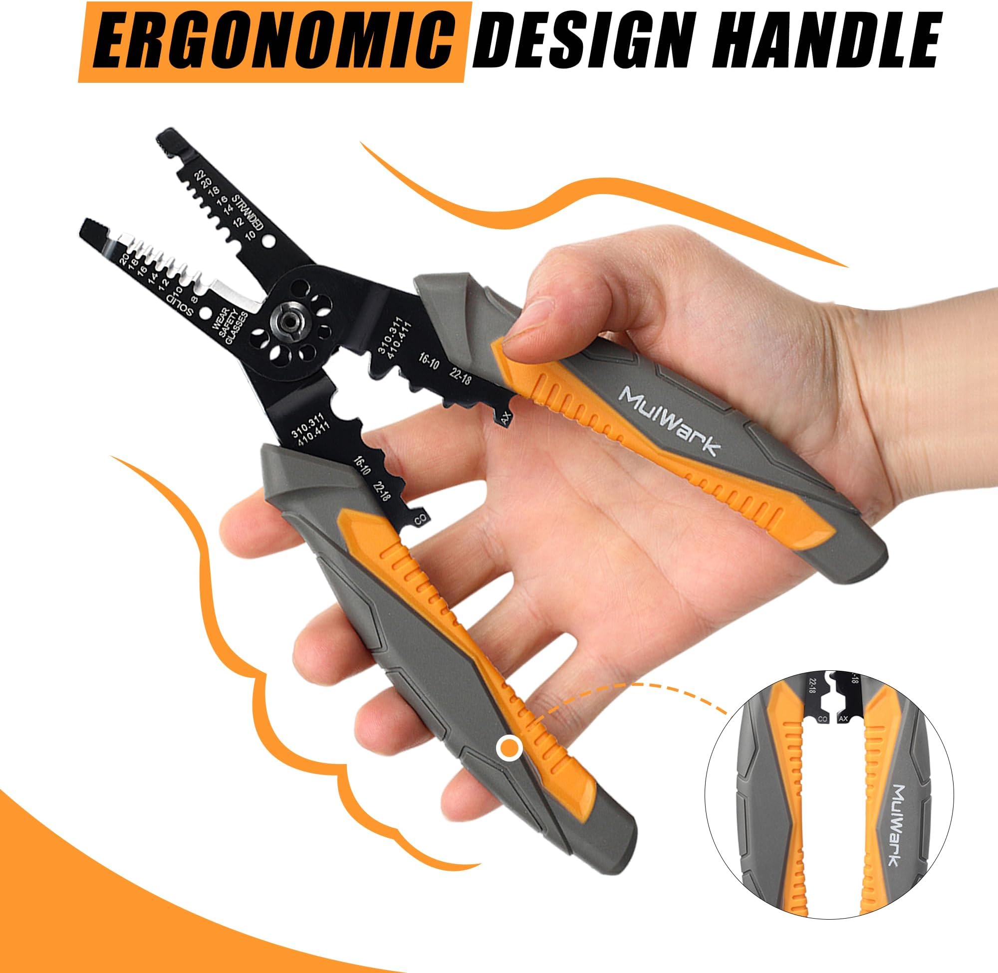 MulWark 8" Heavy Duty Multi-Purpose Electrical Wire Stripping Tool (22 AWG - 8 AWG) Strippers, Snips, Crimpers & Pliers Insulated with Cutter, Best Tool For Professional Electrician - Upgraded