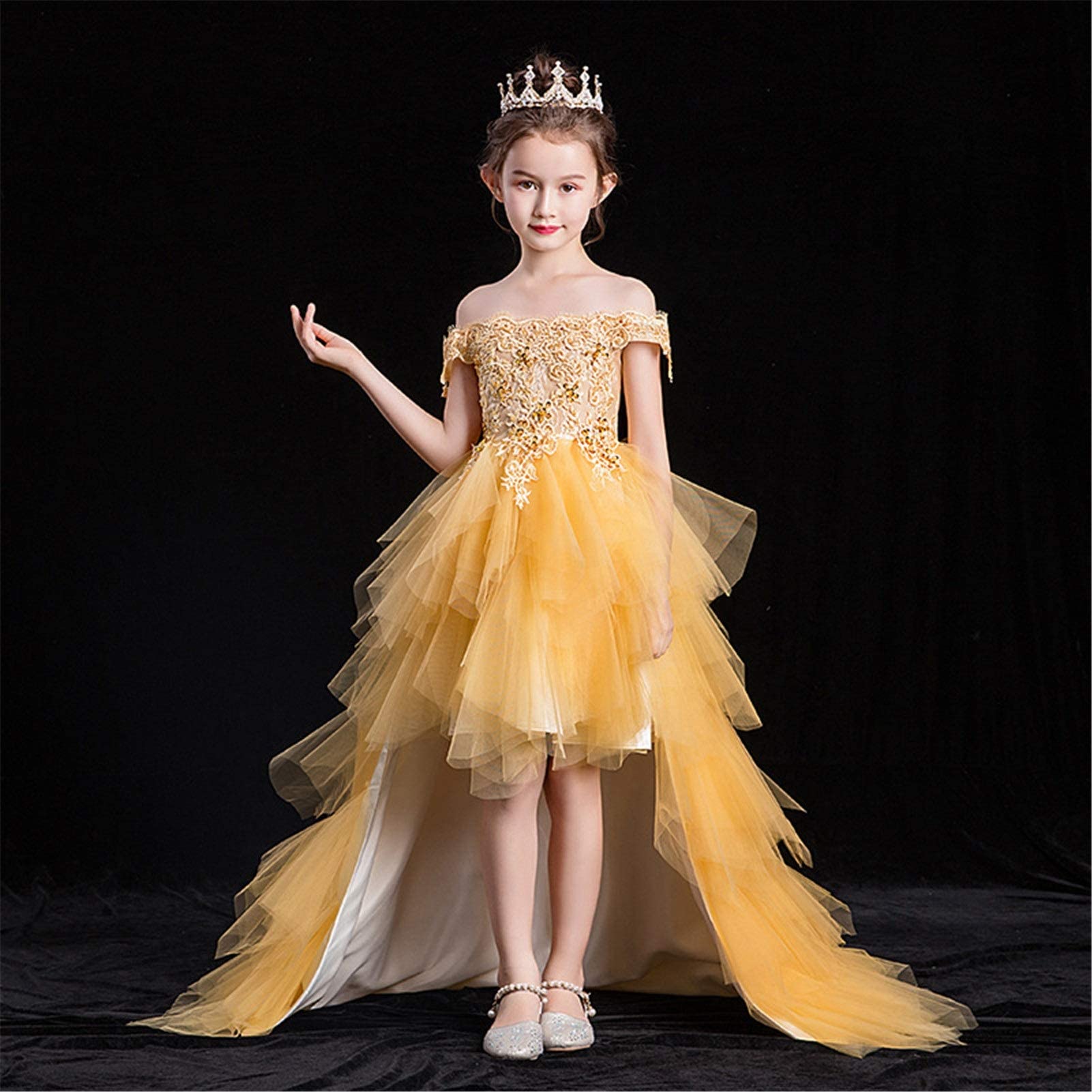 Kleider für besondere Anlässe für Mädchen, Kinderkleider, Prinzessinnenkleider, nachlaufende Models, Catwalk-Host-Kostüme, Blumenmädchen-Hochzeitskleider, Pettiröcke (Farbe: Gold, Größe: 140 cm)