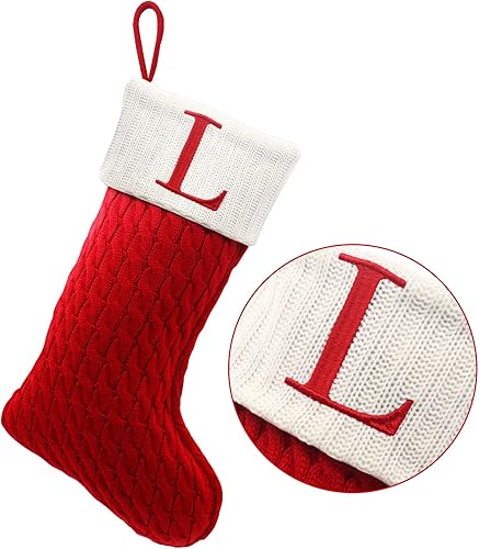 ZOEA Medias de Navidad de 20 pulgadas con iniciales, gran bordado de punto de letra para decoración familiar y regalo de Navidad (L, rojo)