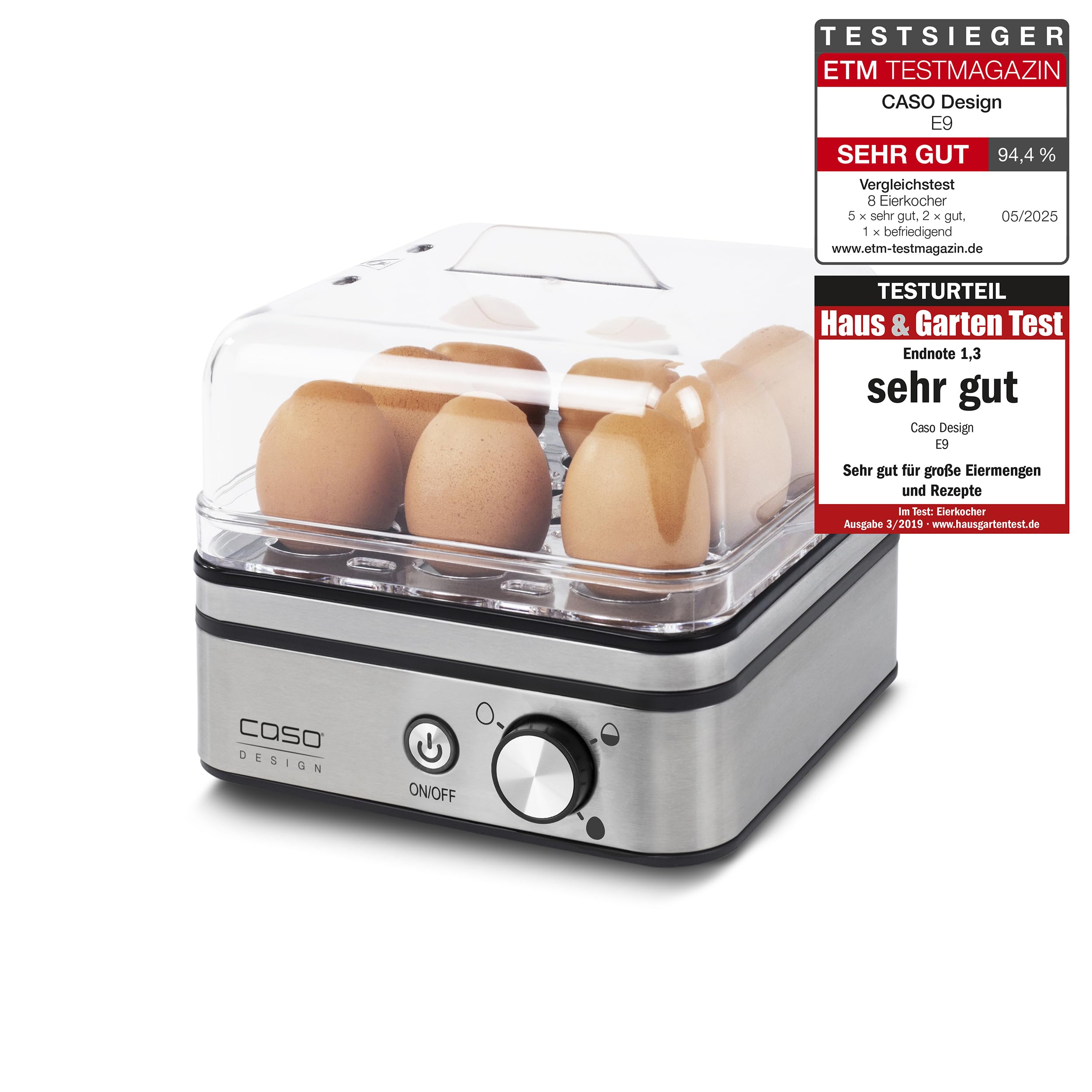 CASO E 9 - Cuisinier d'œufs design, cuiseur d'œufs électronique pour jusqu'à 8 œufs, support d'œufs amovible, signal acoustique, sans BPA, avec verre doseur et pic à œufs et deux coquilles à pocher