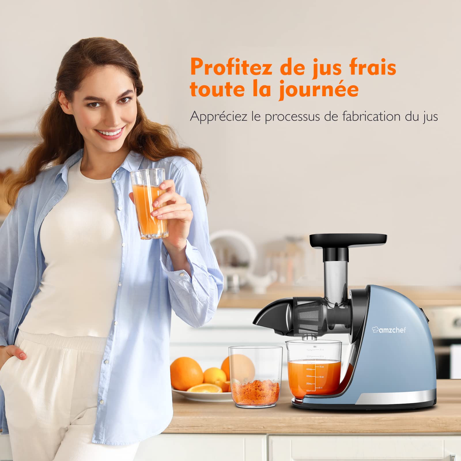 AMZCHEF Extracteur Jus Fruits Légumes Froid sans BPA 2 Tasses Brosse Fonction Mastication Inversée Bleu Doux