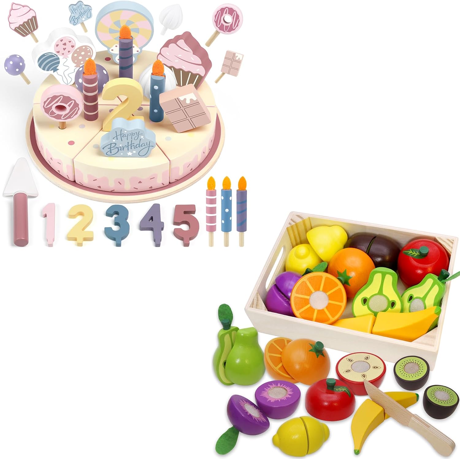 Wooden Birthday Party Cake Play Food Sets and Wooden Play Food Fruits Toy
