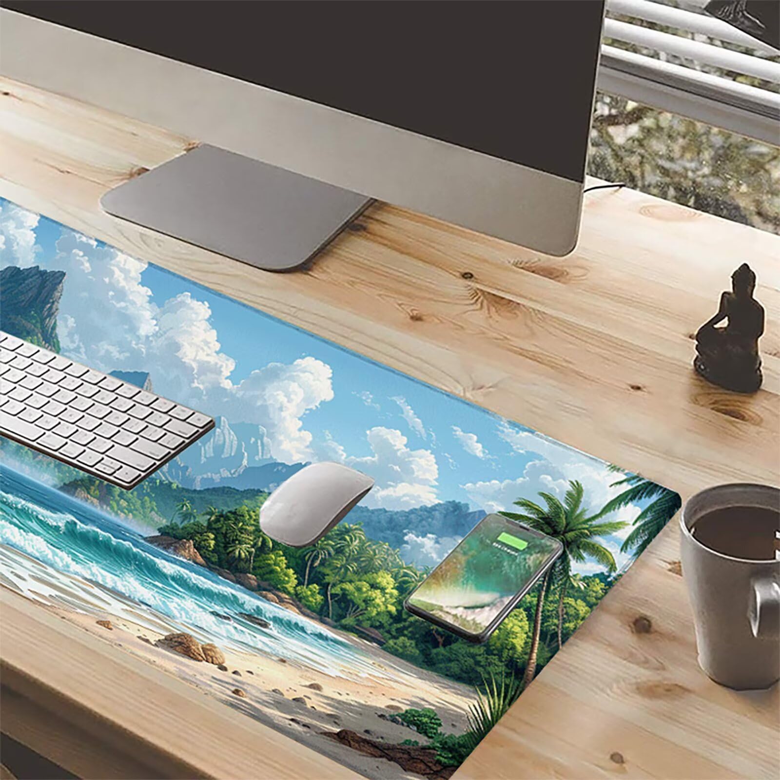 Playa Alfombrilla Ratón Gaming XXL 1500x800x3mm, Alfombrilla Gaming Azul Mousepad con Base de Goma Antideslizante, Impermeable Desk Mat para Teclado y Raton, Accesorios Gaming, Regalos de Hombre L-K