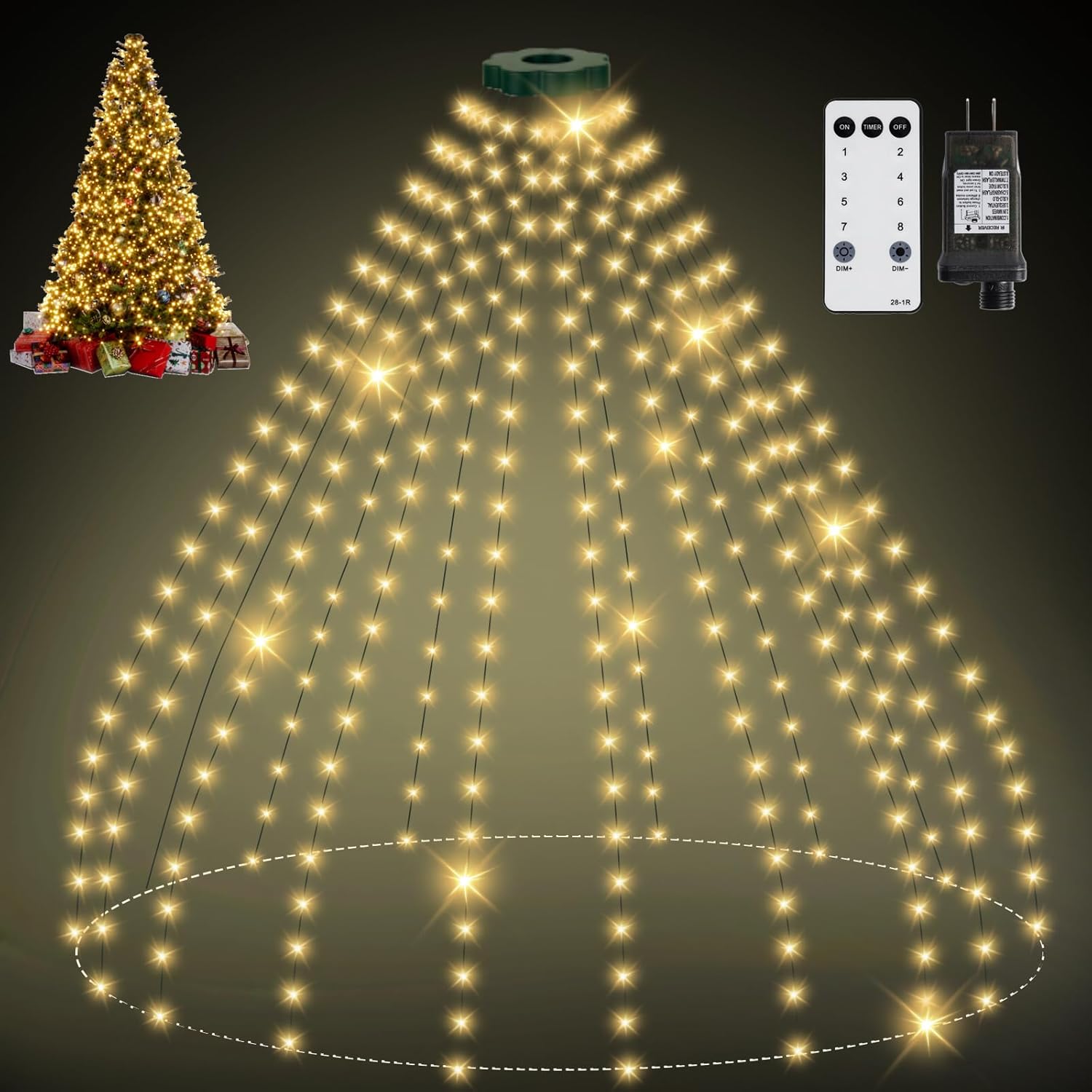 christmas tree lights, 400 led 8.2ftx16 line string lights plug in, cascading twinkle lights for xmas tree with timer memory function 8 modes for indoor outdoor wedding party decoration (warm white)