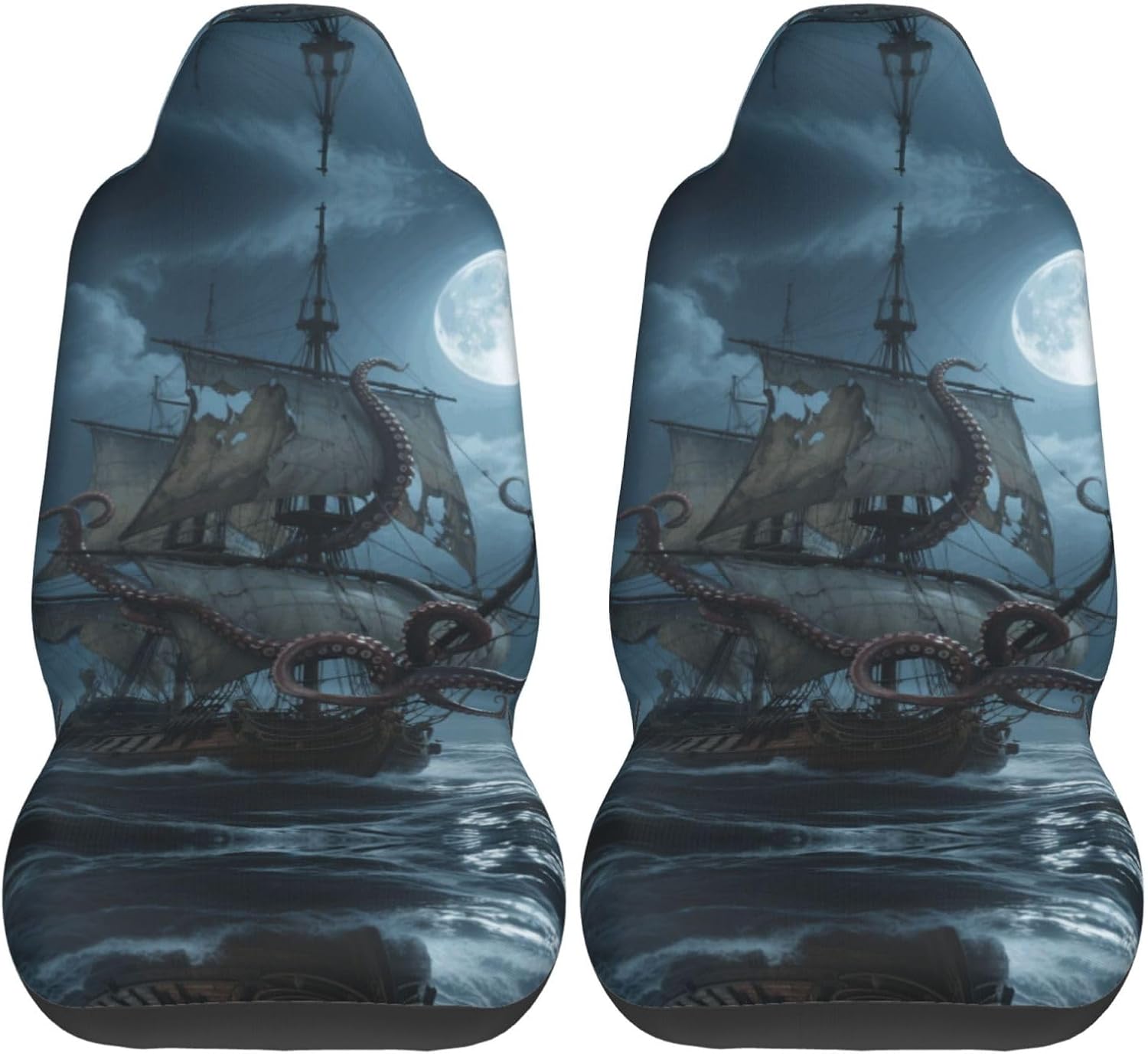 Octopus Kraken Pirate Ship Ocean Printed 2 Pcs Automotive Seat Covers for Front with Elastic Straps Car Protector Seat Covers for Car SUV Truck