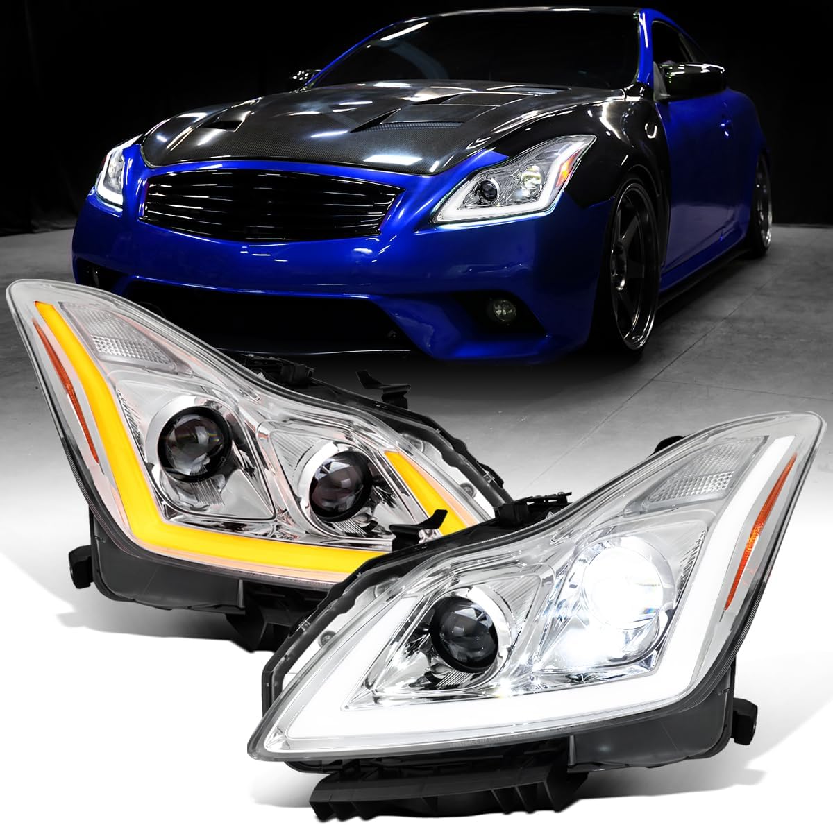 Ronnin - Fits 2008-2013 Infiniti G37 2014-2015 Q60 Coupe LED Dual Beam Projector Headlights + Halogen Projector Fog Switchback Sequential Signals + Animated Startup Effect Pair | Chrome