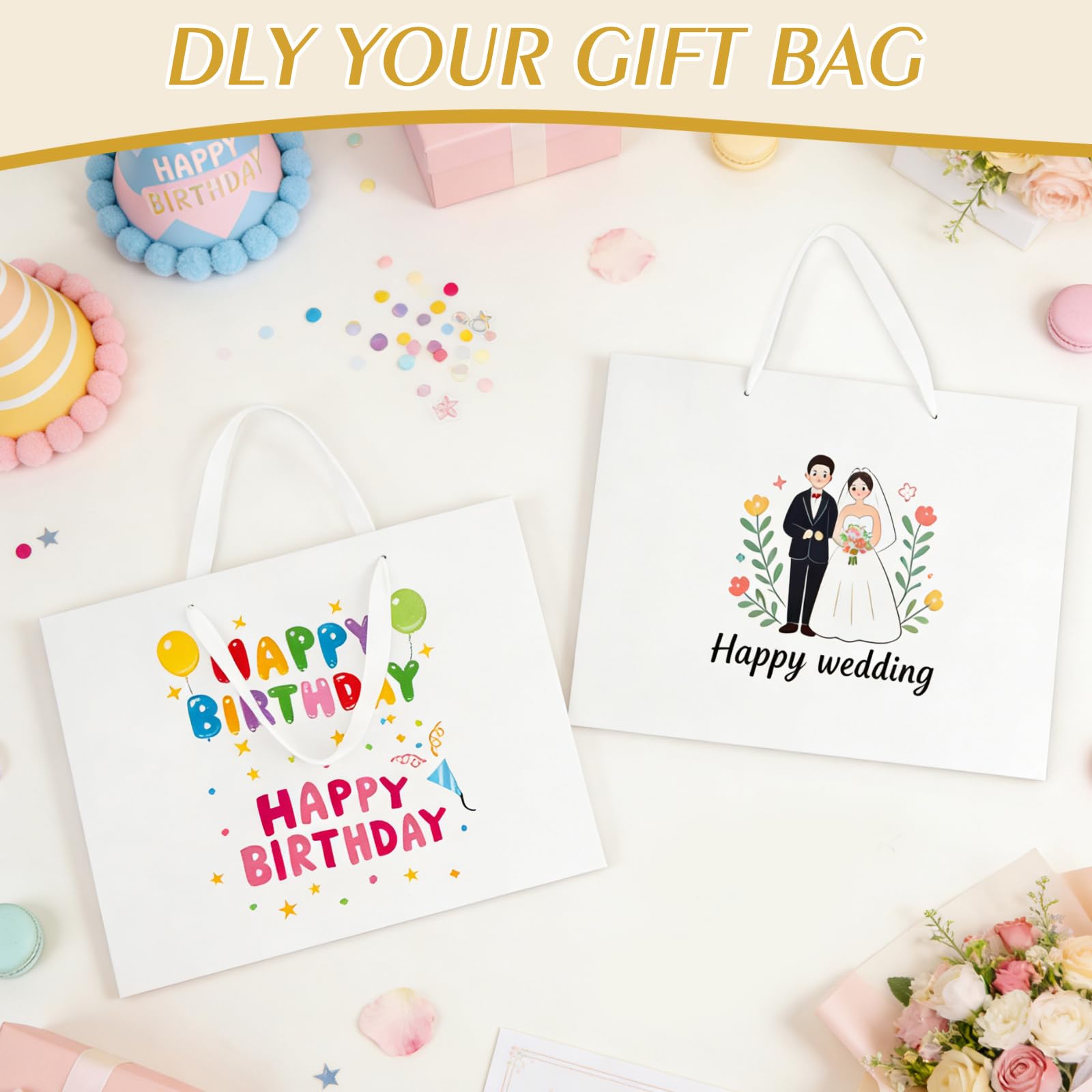Ethhqu 3 Pack Extra Large White Gift Bags with Handles, 16x6x12 Inches - Includes 6 Tissue Papers for Birthday, Wedding, Shopping Business, Thanksgiving, Christmas&Holiday (White Extra Large-3 Pcs)