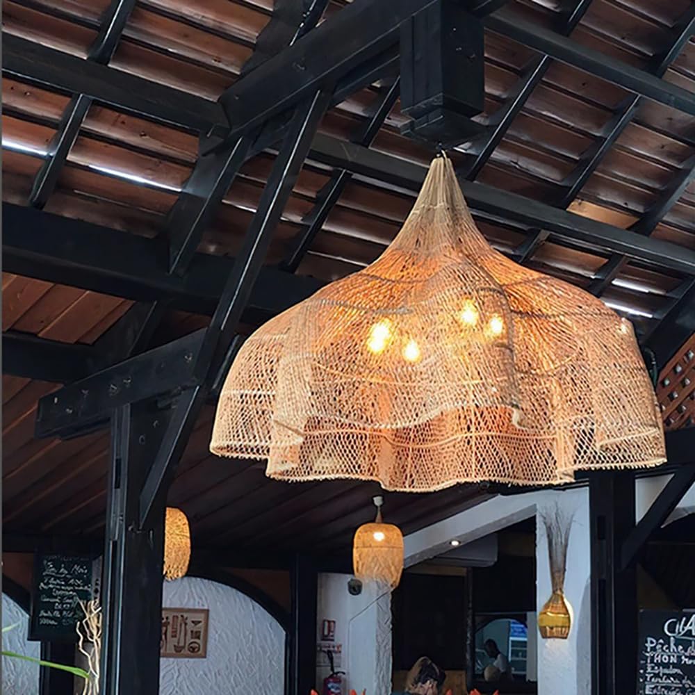 SMCCYYSD 23.6inch Farmhouse Chandeliers for Dining Room,4-Light Rattan Boho Chandelier Light Fixture,Hand Woven Large Room Fixture Kitchen Bedroom Island Hallway, Beige