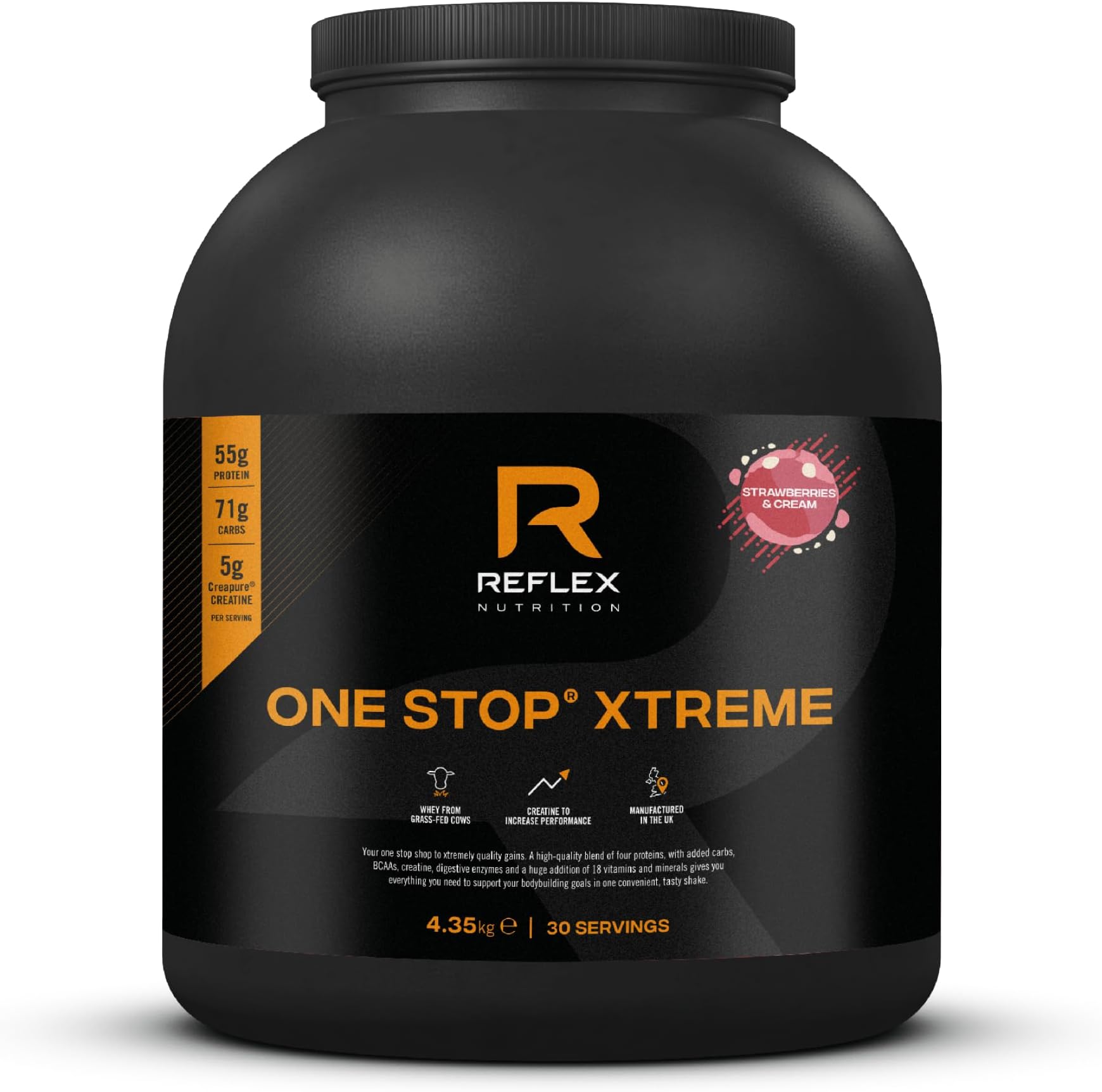 Reflex Nutrition One Stop® Xtreme - Serious Mass Gainer - All in One Protein Powder - 55g Protein, 10.3g BCAAs, 5,000mg Creatine - Muscle Building Protein Shake (Strawberries & Cream, 4.35kg)