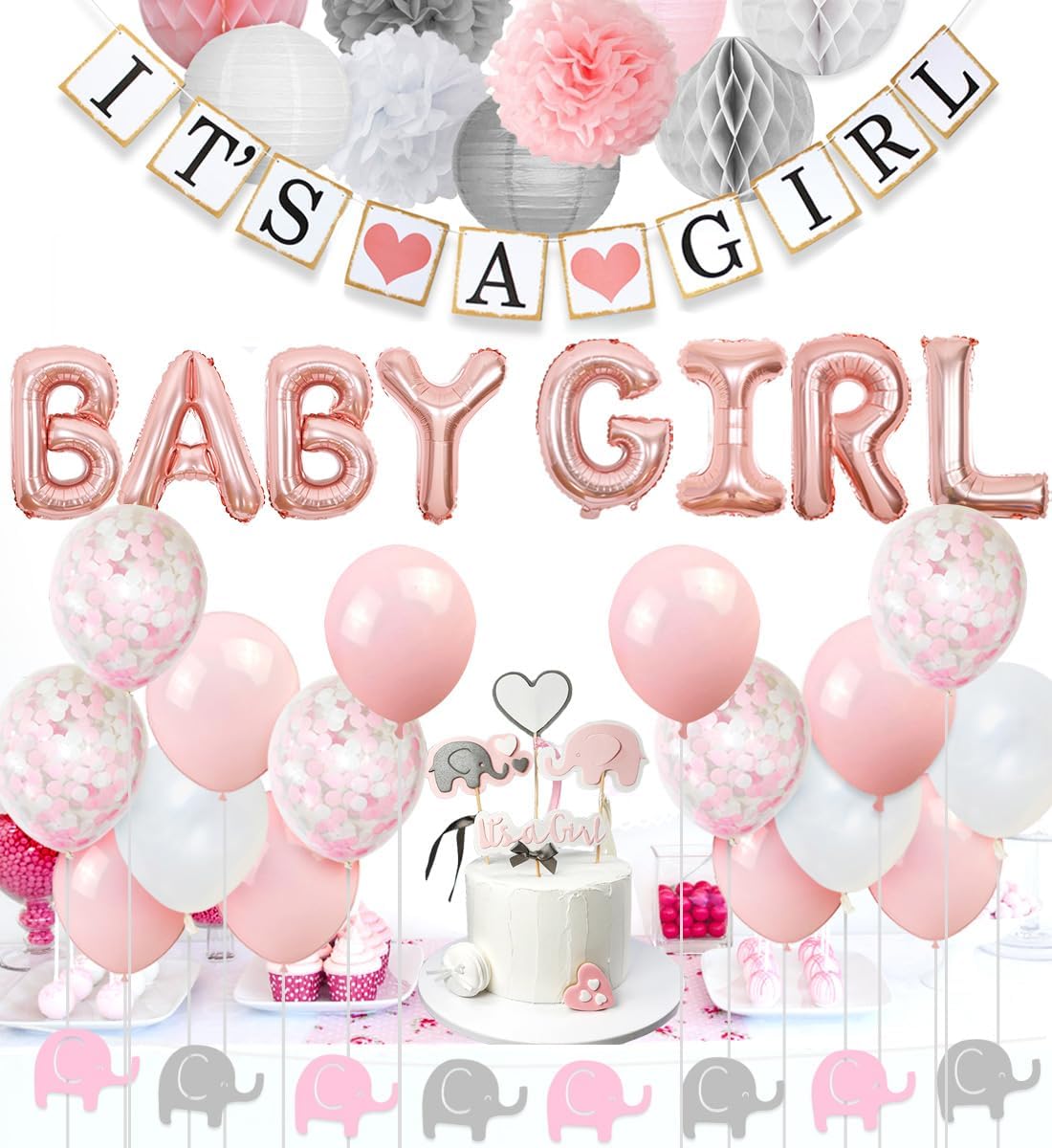 Pink White Grey Elephant Baby Shower Decorations for Girls - It's A Girl Banner, Baby Girl Balloon, Elephant Garland, Confetti Balloons, Elephant Cake Topper for Baby Shower Supplies