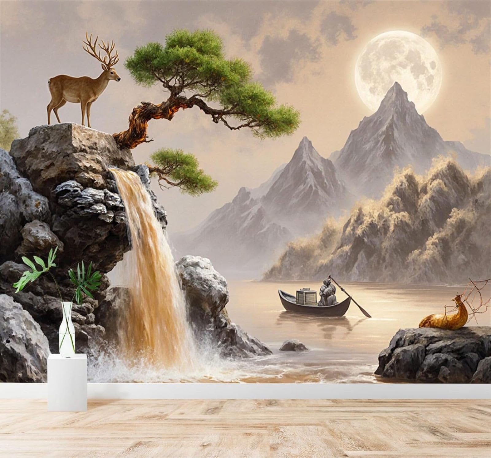 Xlming 400Cm×280Cm(B×H) Small Boat Deer Waterfall Mountains Misty River 3D Wallpaper Silky Texture Home Study Office Grey Dining Room Sofa Bedroom Living Room Tv Backdrop-400Cm×280Cm