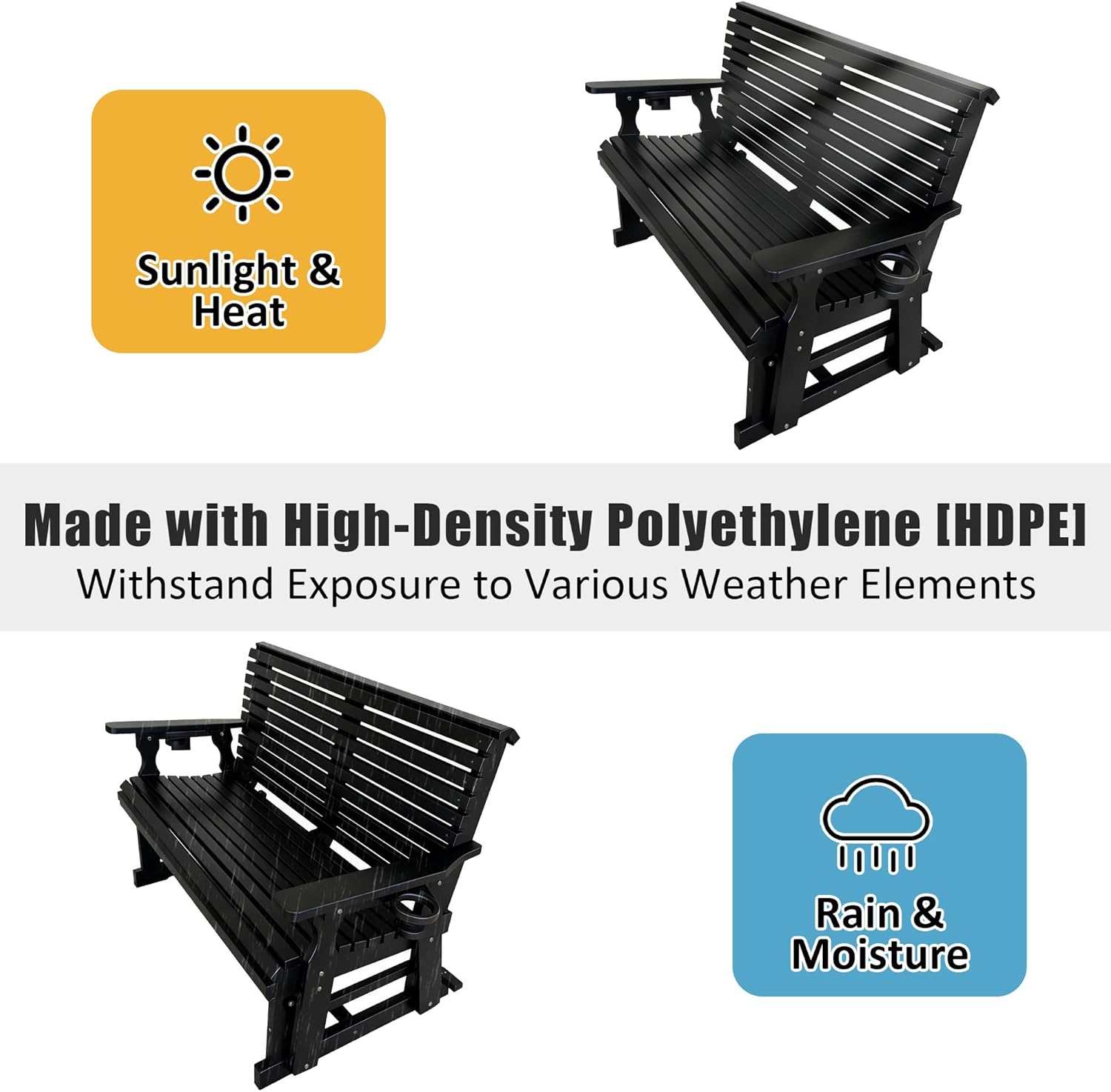 HDPE Patio Glider, Poly Lumber Weather-Resistant Outdoor Glider Bench, for Patio, Porch, Yard (Carbon Black, 2-Seater)