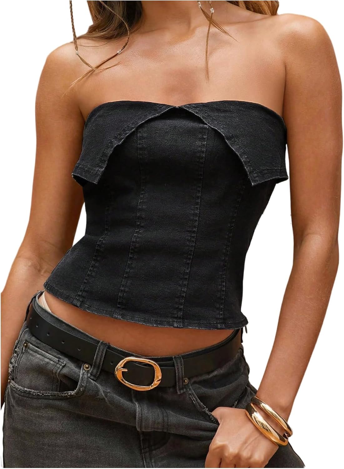 Milumia Women's Strapless Foldover Denim Tube Top Y2k Slim Fit Summer Bandeau Crop Tops