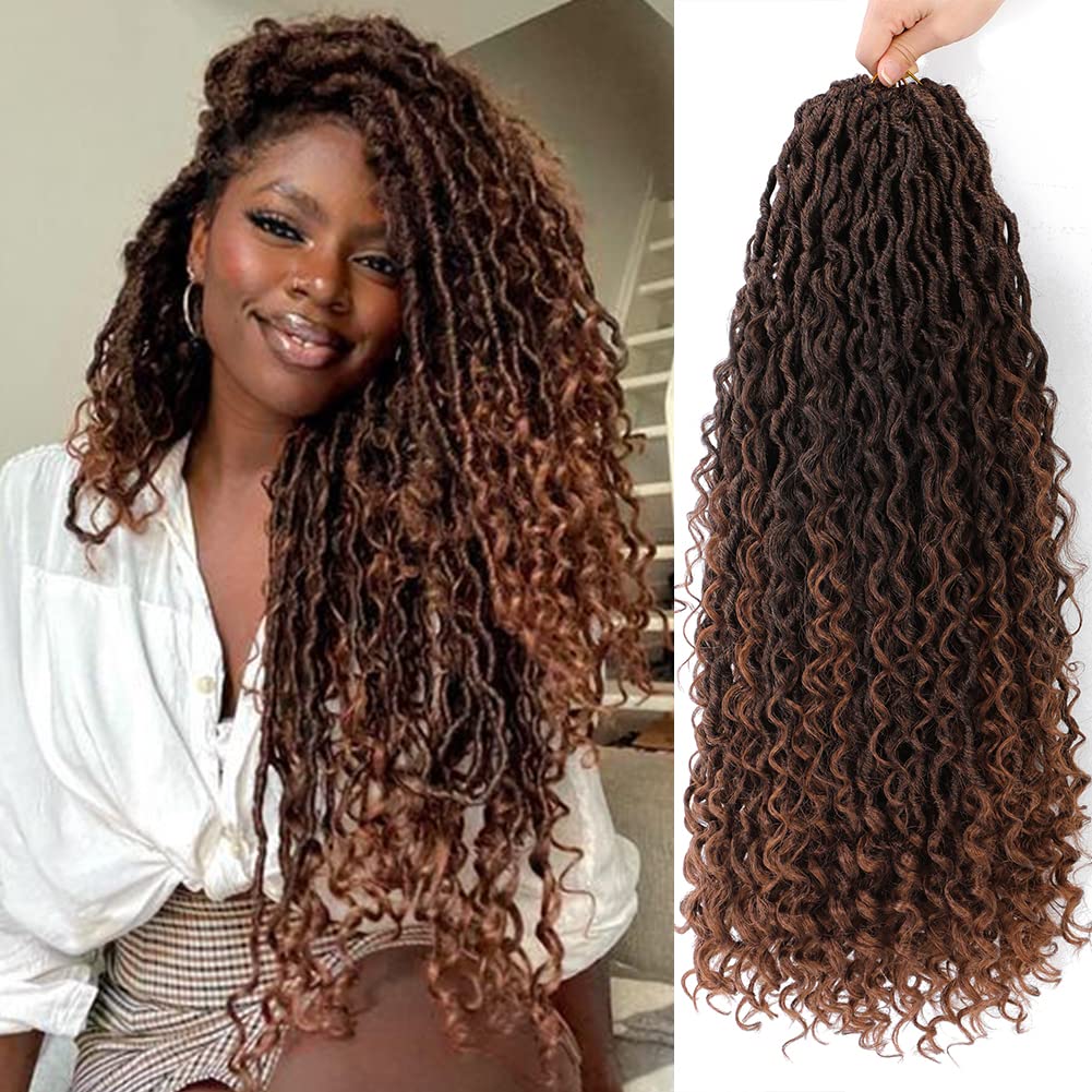 14 Inch Faux Locs Crochet Hair Ombre Brown Goddess Locs Pre Looped Crochet Hair with Curly Ends River Locs for Women (1B/30#)
