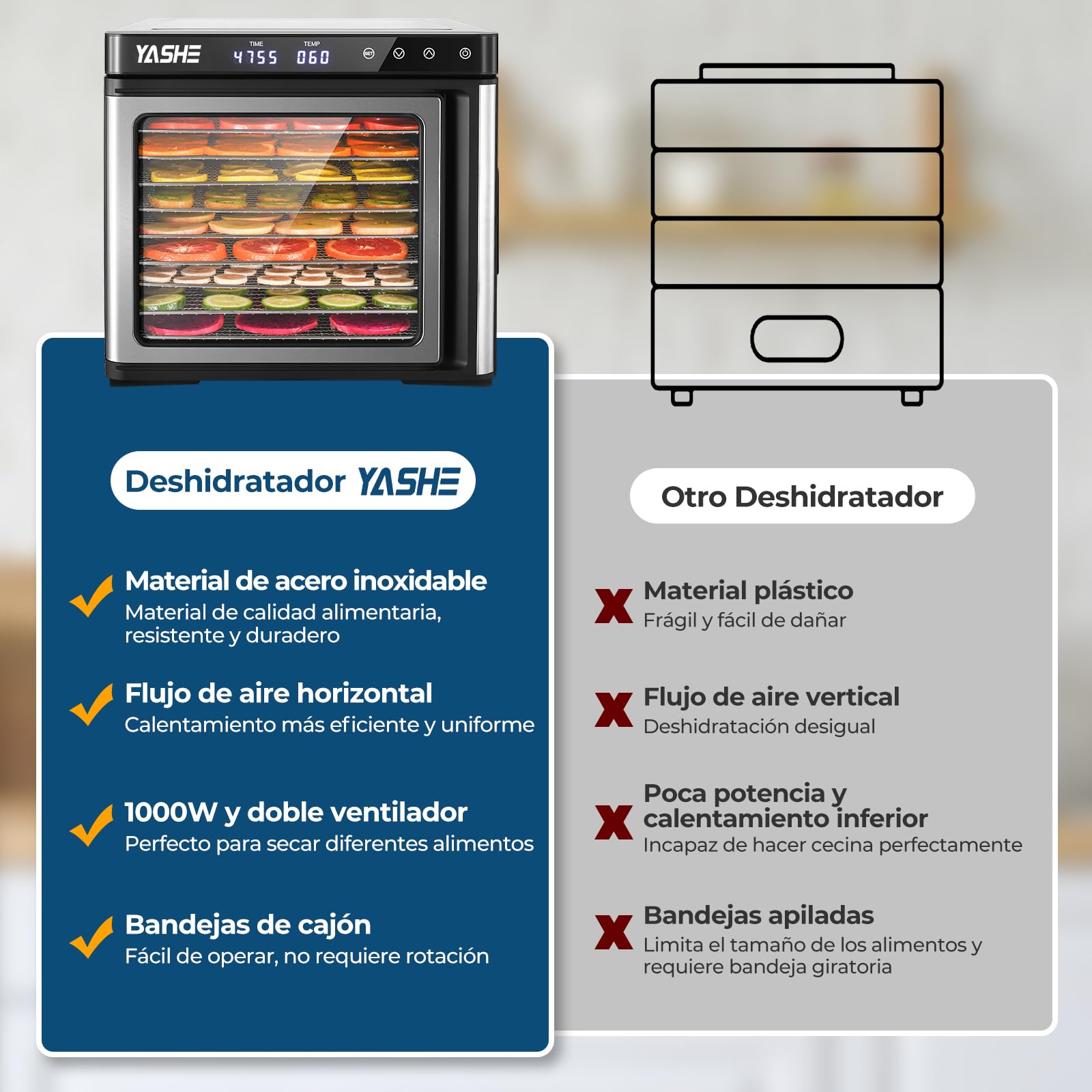 Desidratador de Alimentos de Acero Inoxidable, Control de Temperatura (35-75°C), Temporizador de 48 Horas, 9 Bandejas de Acero Inoxidable, 2 Tamices de Malla, 1 Bandeja para Rollos de Frutas, 1000W