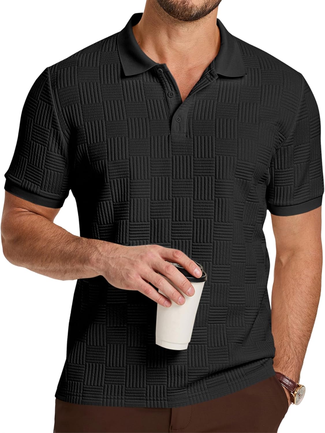 JMIERR Men’s Casual Textured Knit Polo Shirt Short Sleeve Stretch Golf T Shirt