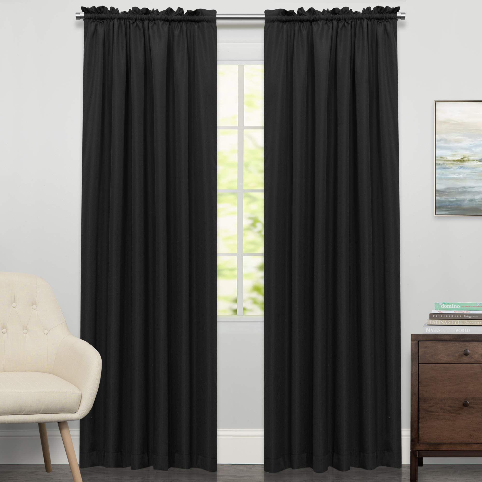 Sweet Home Collection Kitchen Curtains for Windows 40+ Styles &amp; Colors Swag, Valance, Tier Sets &amp; Panels Cafe Curtains for Farmhouse, Rustic, Modern Décor, Ribcord Black, 84" Panel