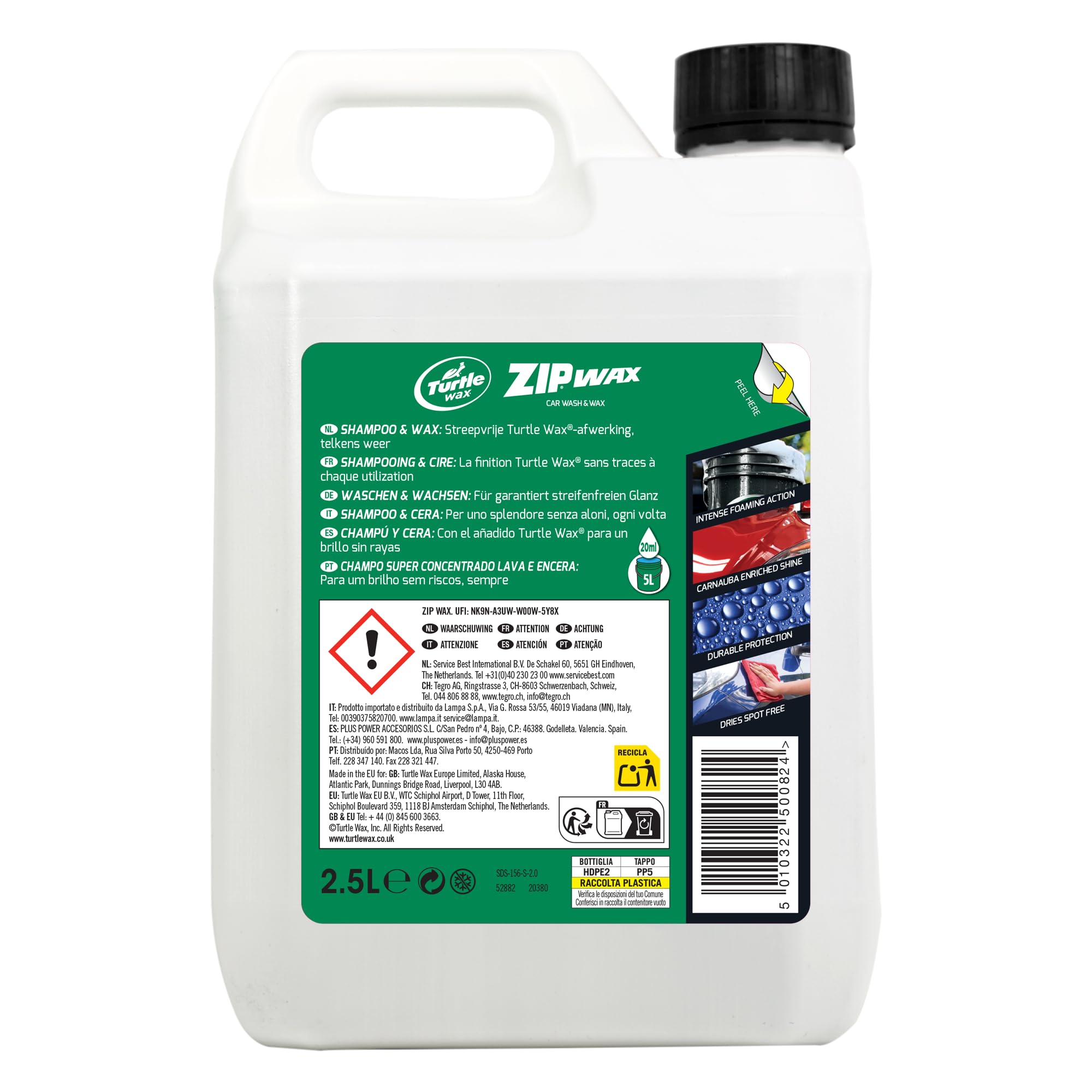 Shampoo per auto Turtle Wax 52882 Zip Wax, 2,5 l – Doppia azione: lavaggio auto concentrato e cera carnauba – applicare, lavare, risciacquare e asciugare per una lucentezza da showroom