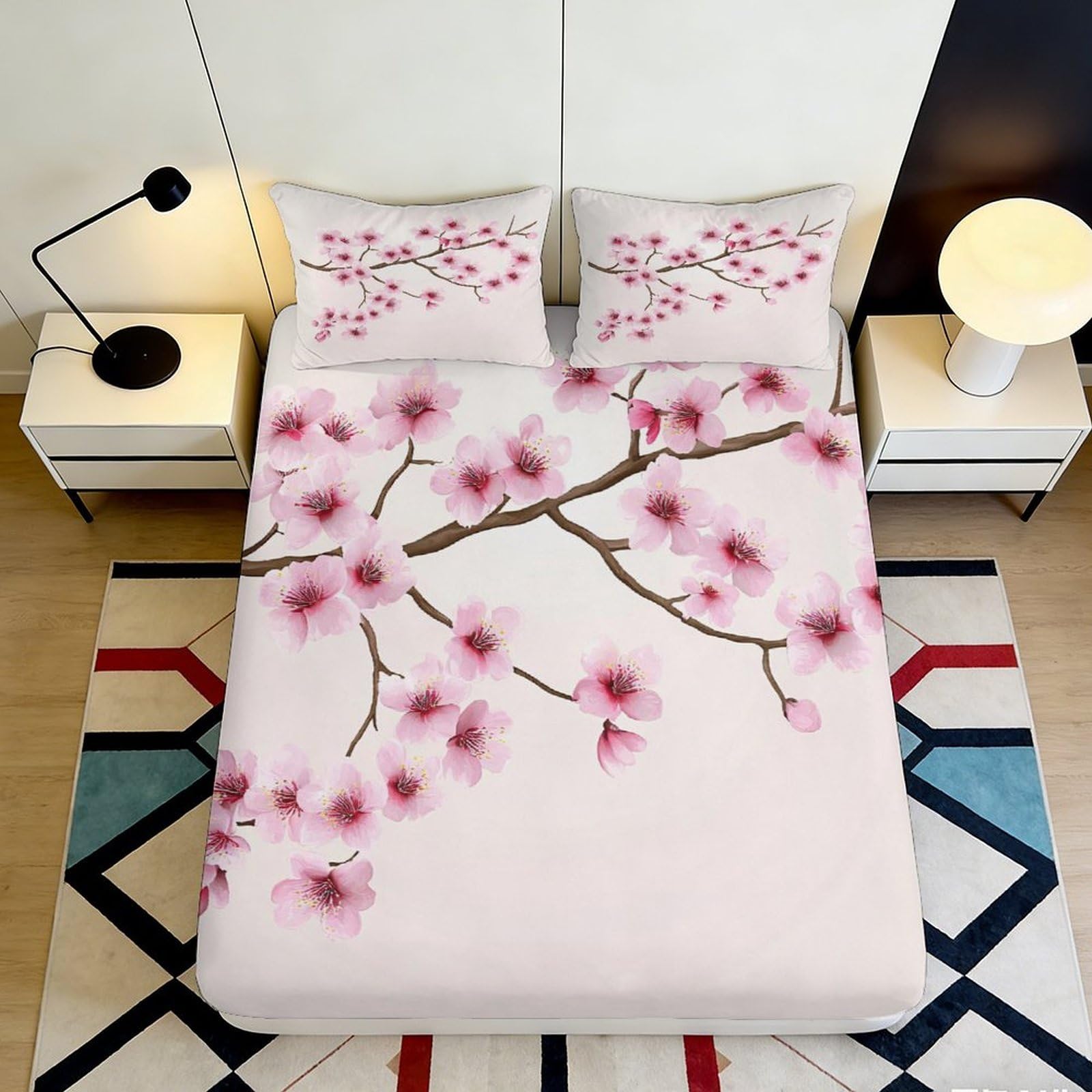 3D Printed Cherry Blossom Fitted Sheet Microfiber Soft Breathable Floral Branch Bed Cover for Bedroom Dormitory Guest Room Mattress Protection Decor 90x200x25cm