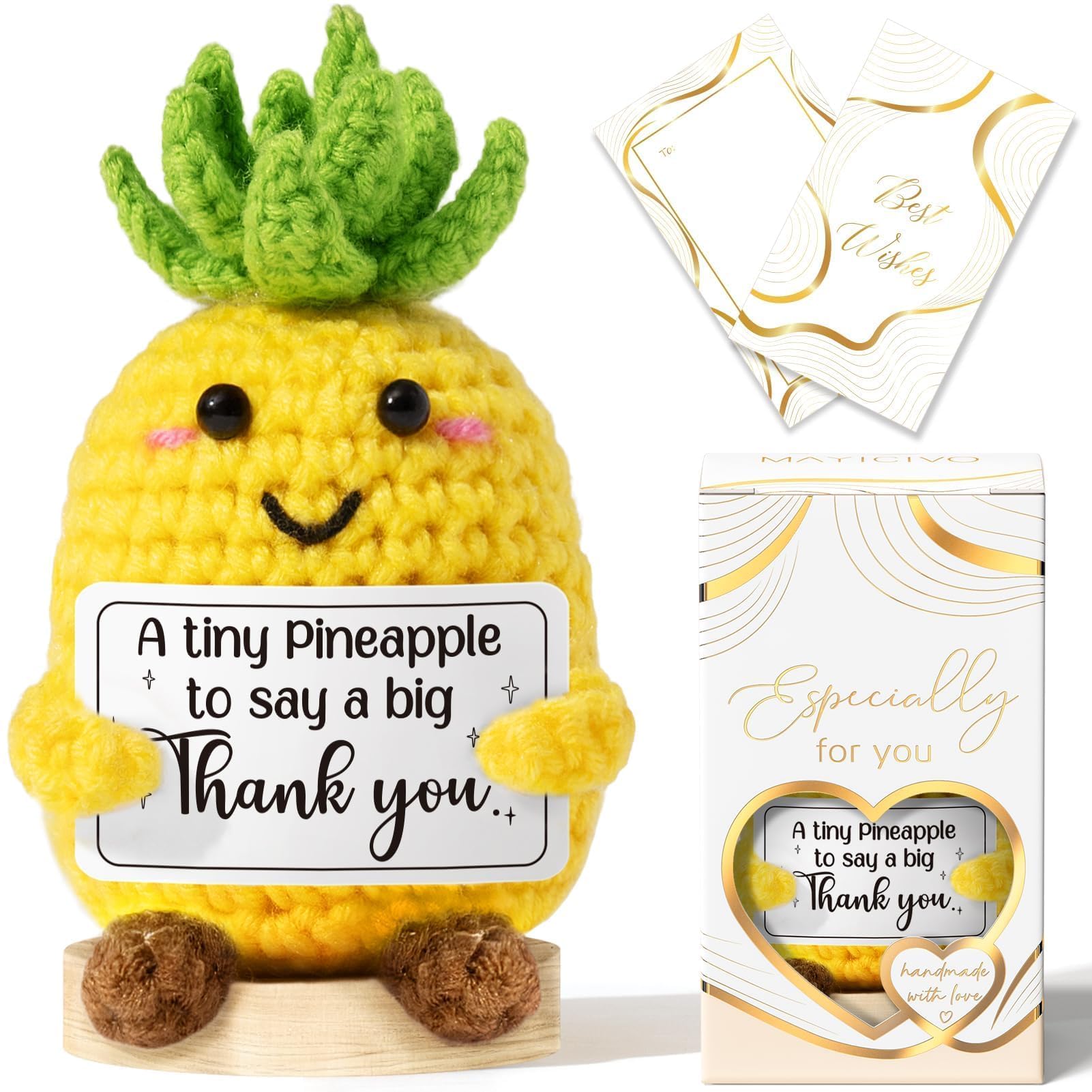 Thank You Gifts for Women Emotional Support Crochet Plush, Handmade Funny Pineapple Crochet w/ Card Employee Appreciation Gifts for Teacher, Christmas Birthday Gift Set for Women Coworkers Nurses Boss