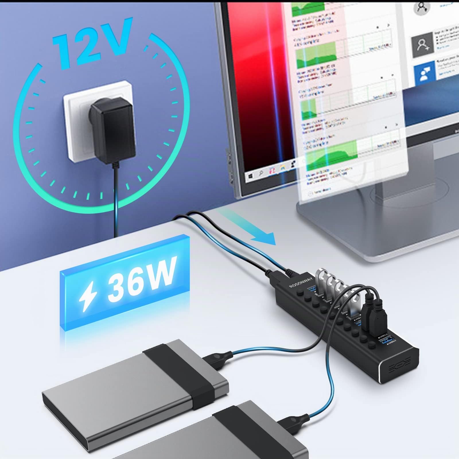 RSHTECH Hub USB Attivo 3.0 con 36W(12V/3A) di Alimentazione Alluminio 10 Porte USB 3.0 Hub con Interruttori di LED e Adattatore di Alimentazione Separati per Linux, Windows, Mac OS e Altro (RSH-A10)
