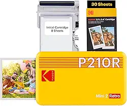 Impressora fotográfica portátil KODAK Mini 2 Retro 4PASS (5,3 x 8,6 cm), inicial 8 folhas + pacote de 60 folhas, amarela