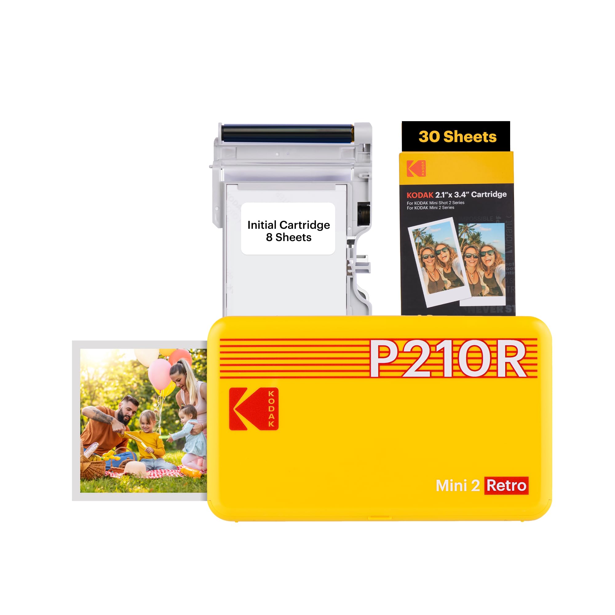 KODAK , Colorato, P210 Mini 2 Retrò, stampante fotografica mobile per cellulare, compatibile con smartphone (iOS & Android), Bluetooth, 54 x 86 mm, tecnologia 4Pass, laminazione, 68 fogli, giallo