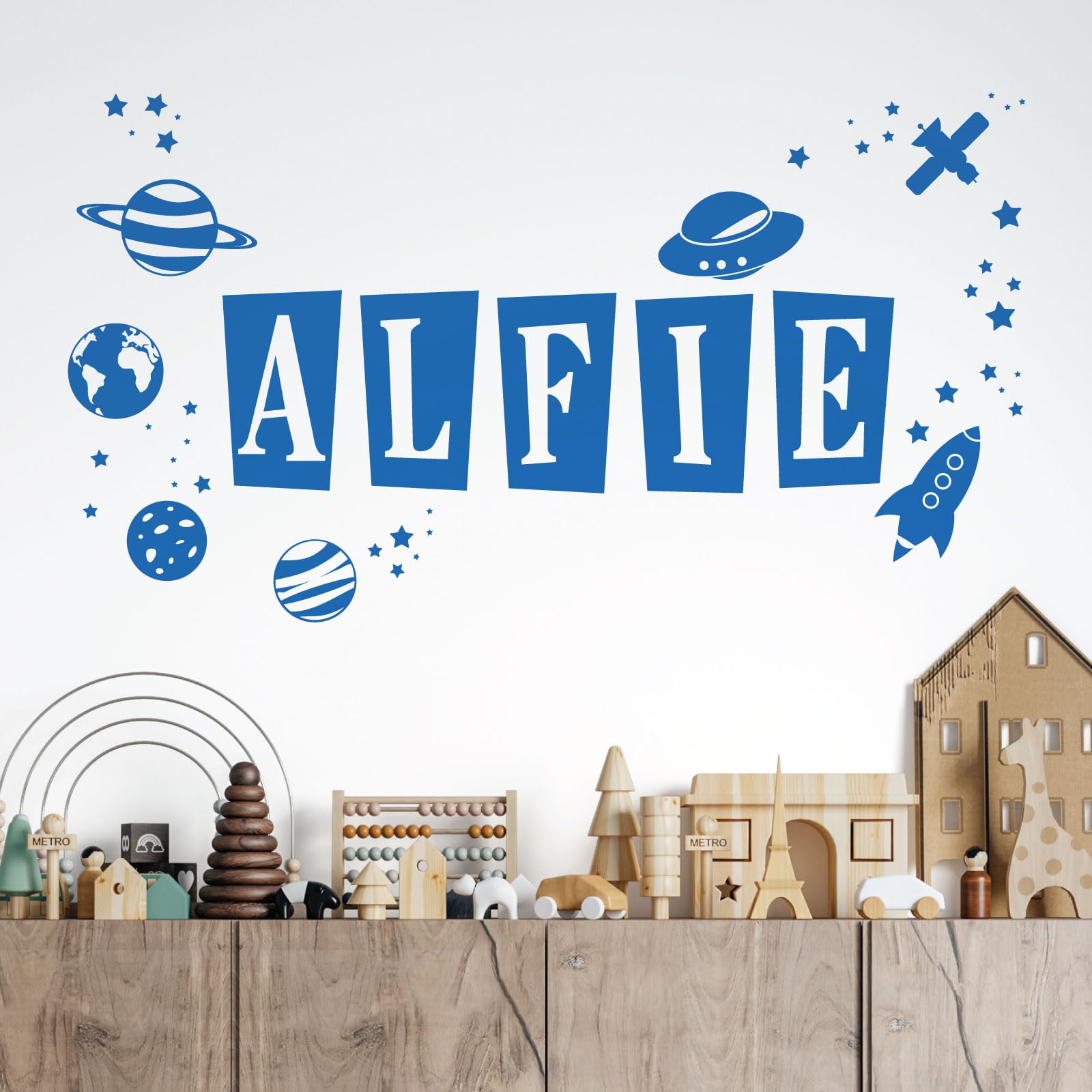 Personalised Name Children Wall Art Sticker - Space Theme, Planets, Stars, Earth, Rocket, UFO [Large] [Marina] — image 1
