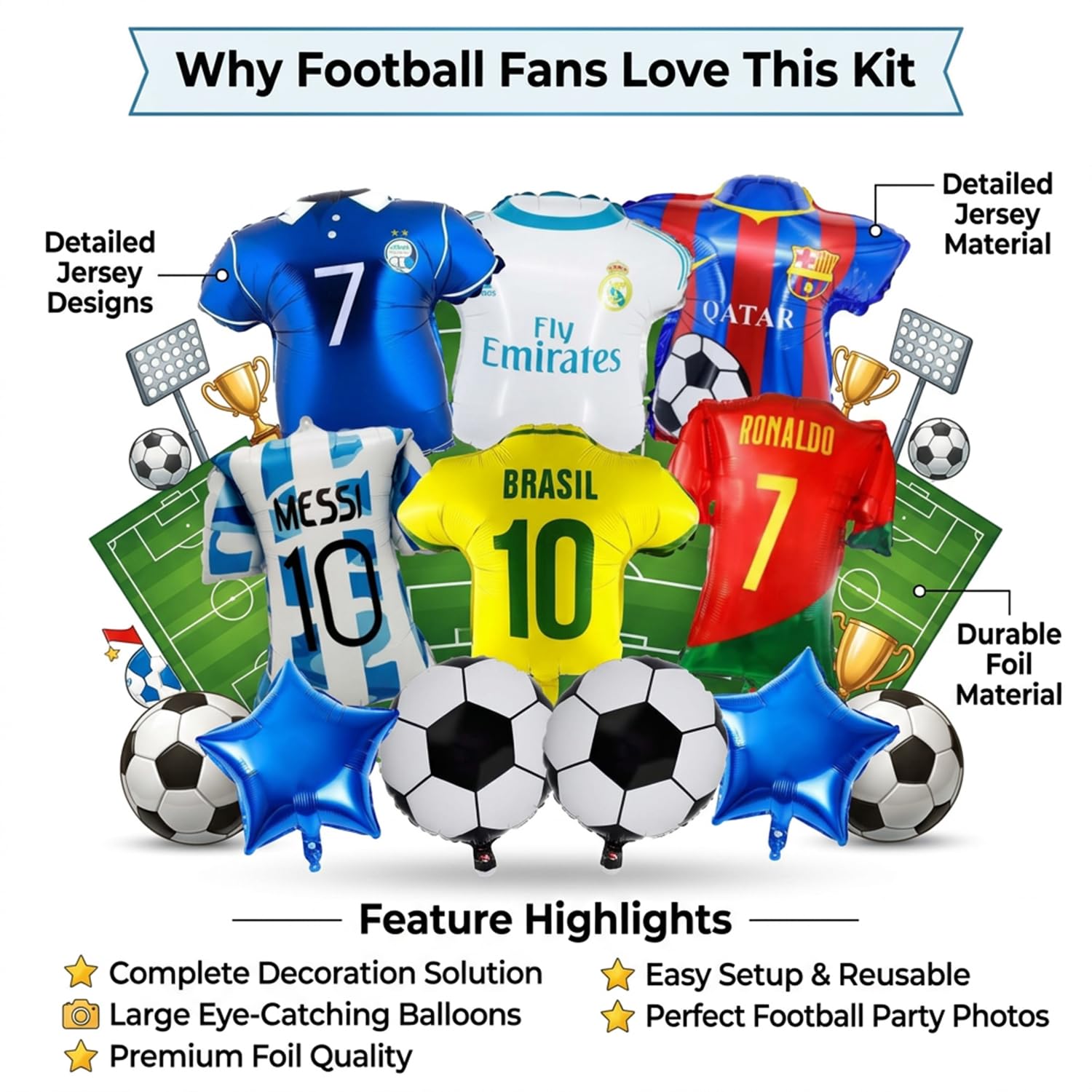 Atpata Funky Football Lovers Foil Balloons Kit – 6pcs Jersey Shape Balloons with Football & Star Balloons for Soccer Birthday Kickoff, Match Day Décor & Sports Fan Celebration Supplies 2