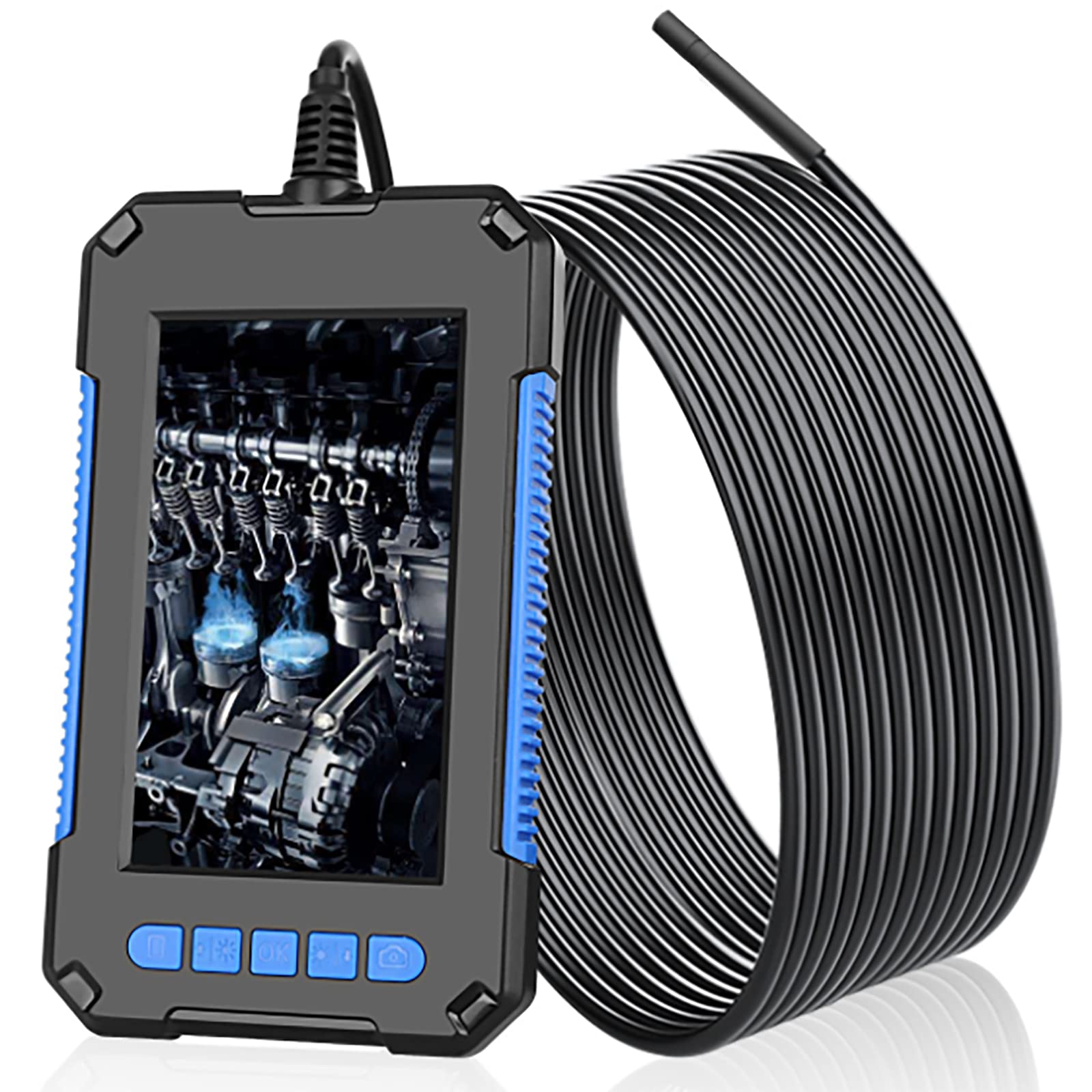 ERNZI Endoscopio 1080P HD Telecamera di ispezione per endoscopio IP67 Telecamera impermeabile per serpenti con 6 luci a LED, schermo LCD da 4,3 pollici, cavo semirigido da 5 m,Blu,10M