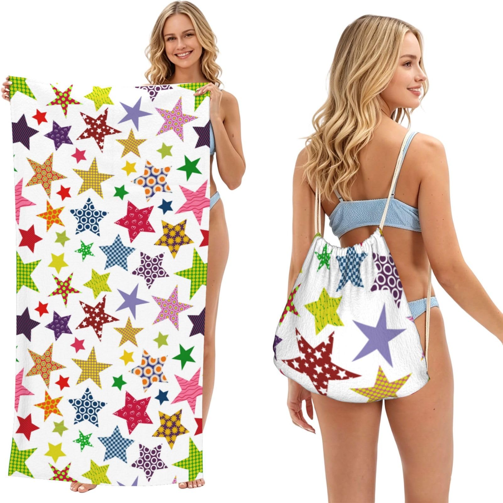 Poadnly As Picture Bright Colored Stars, 2 In 1 Packable Towel Bag, Beach Towels With Drawstring Backpack For Travel Holiday Camping