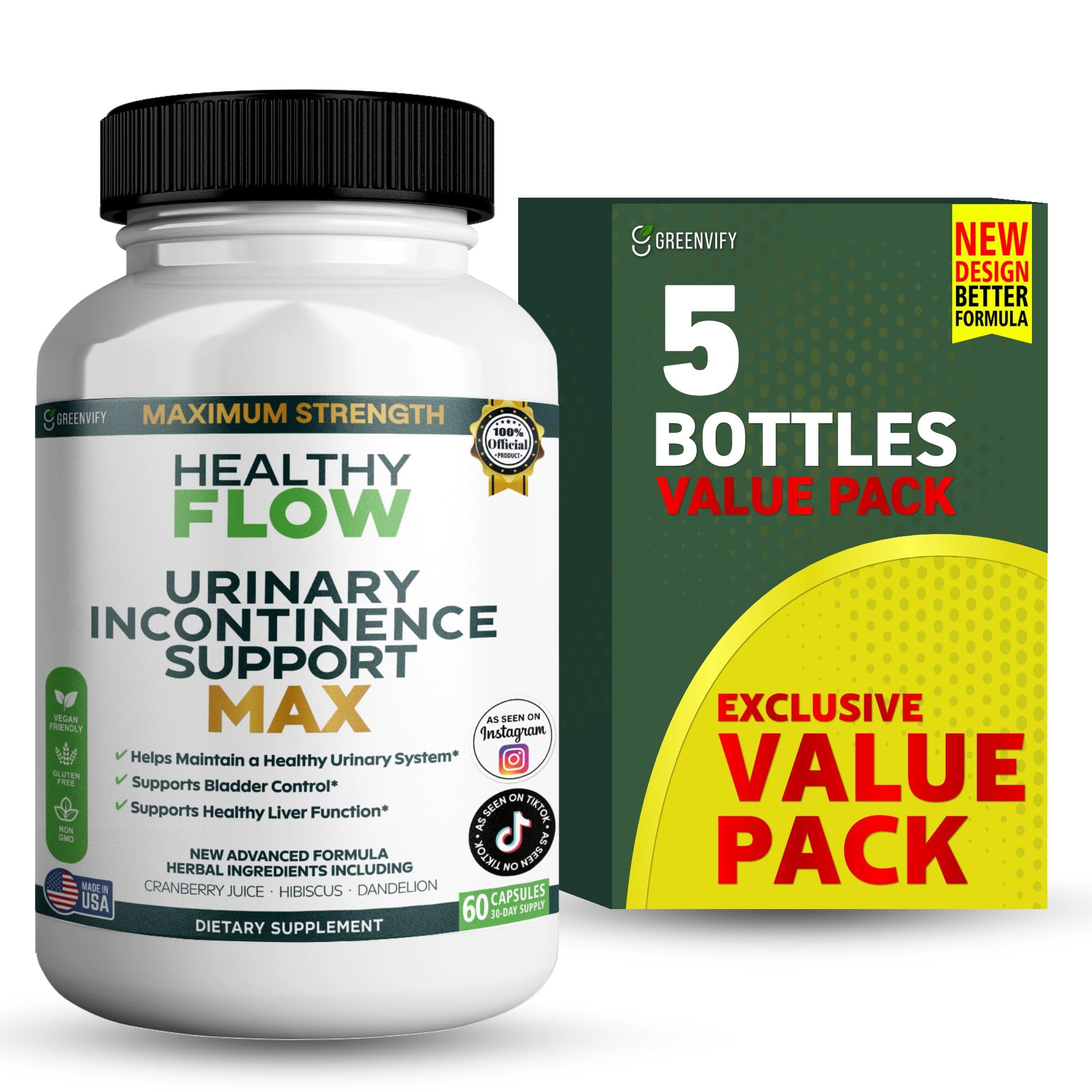 Healthy Flow Urinary Incontinence Support Max, 60 Veggie Capsules, Cranberry Juice Hibiscus Dandelion Formula, 30 Day Supply (5)