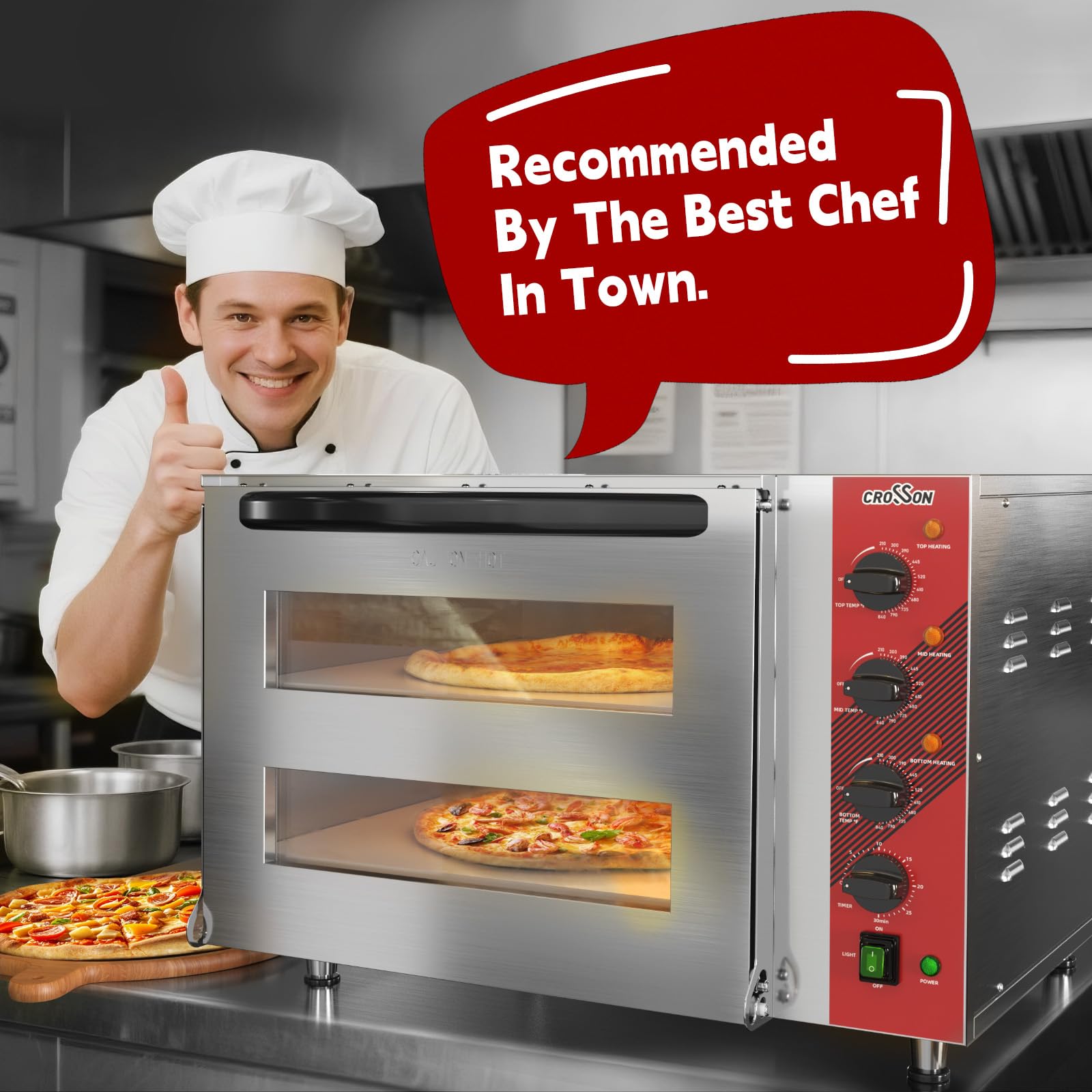 CROSSON Commercial Double Deck 18 Inch Countertop Electric Pizza Oven with 15mm Thick Pizza Stone, Indoor Pizza Bakery Oven for Commercial Use Only,240V/4500W - Detailed View