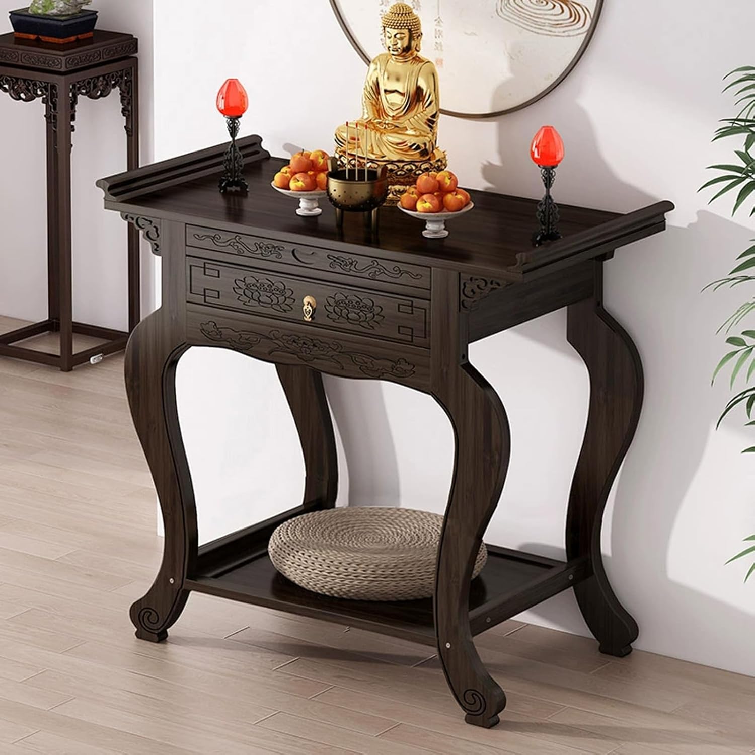 Shrine Altar Table, Prayer Altar Cabinet, Meditation Table with Drawer, Bamboo Chinese Cabinet Pedestal Offering Table, Buddhist Altars for Prayers, Divination(L66xW33xH100cm)