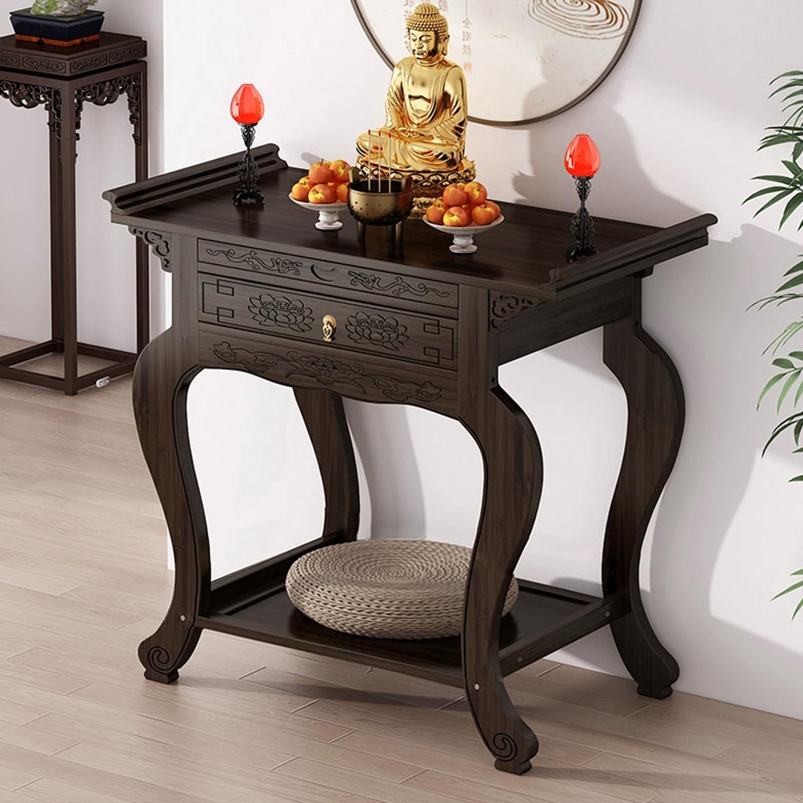 Table d'autel bouddhiste en bambou meuble de méditation pour offrandes et culte avec tiroir