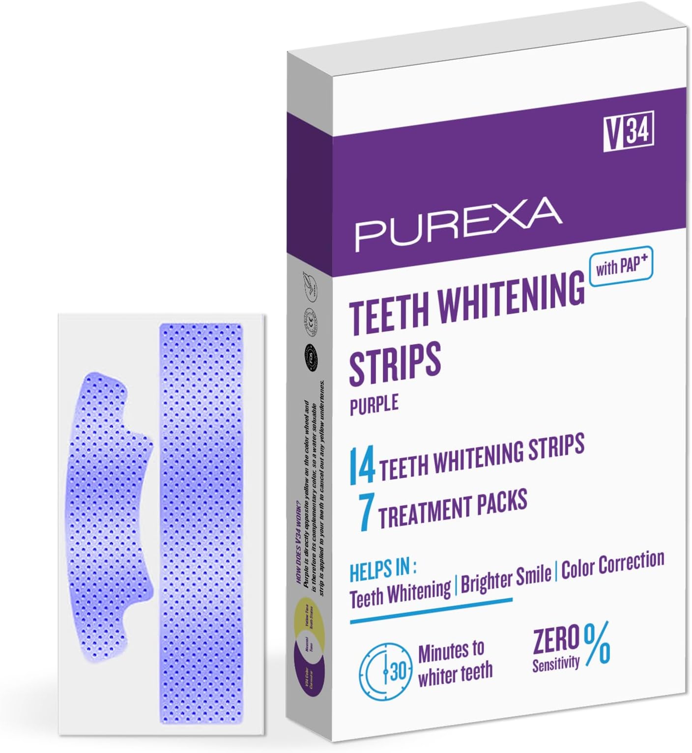 V34 Teeth Whitening Strips with PAP+ (Pack of 1) – 7 Strips for 14 Applications | Enamel-Safe & Sensitivity-Friendly | Removes Tea, Coffee & Smoking Stains | Suitable for Men & Women