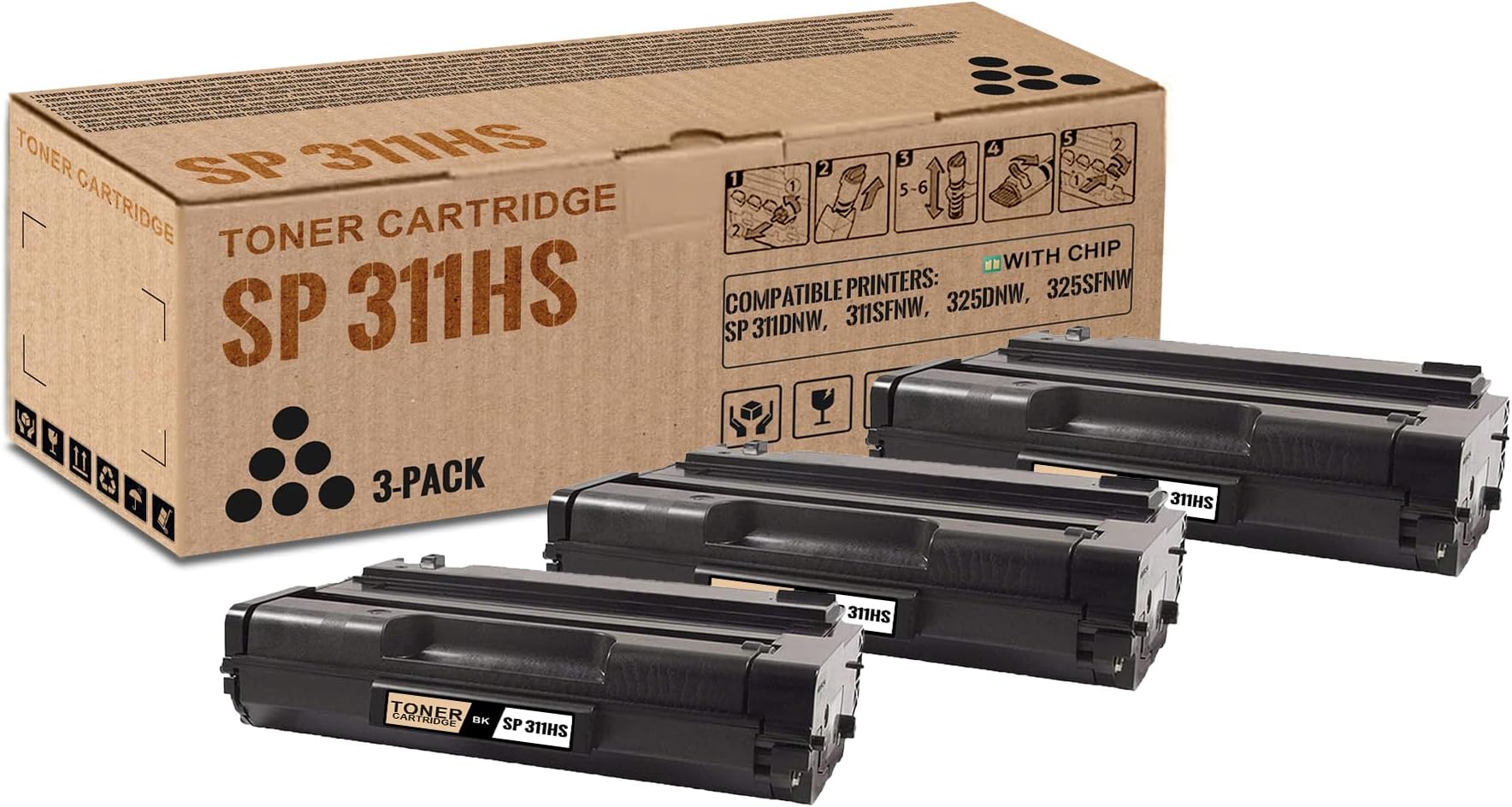 3 Pack SP 311HS Black Toner Cartridge (with Chip) | Replacement for Ricoh SP 311HS Work with SP 311DNw 311SFNw 325DNw 325SFNw | 407245
