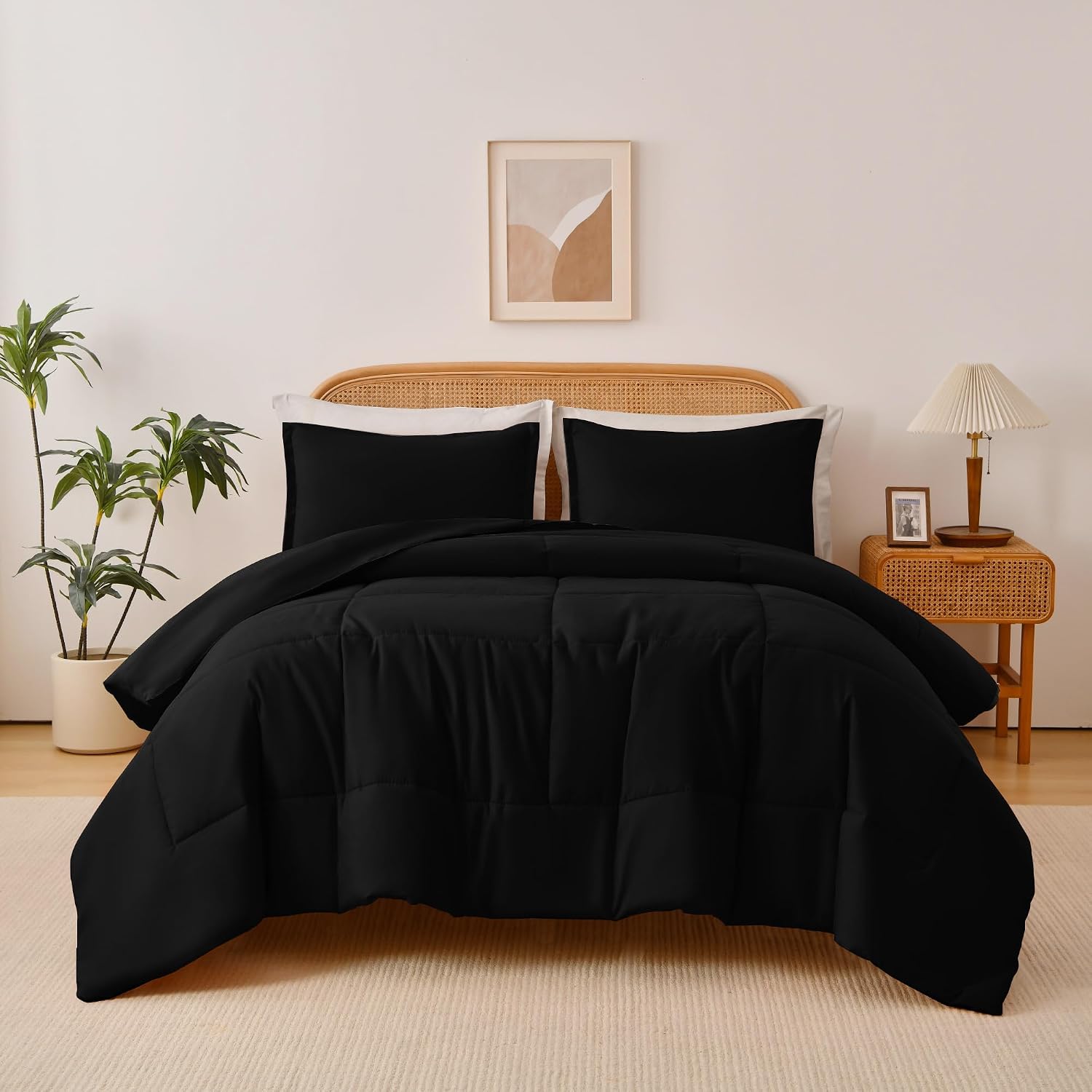 Shatex Queen Comorter Set Black Bedding Set 3pcs, Soft and Lightweight Queen Size Comforter for All Season