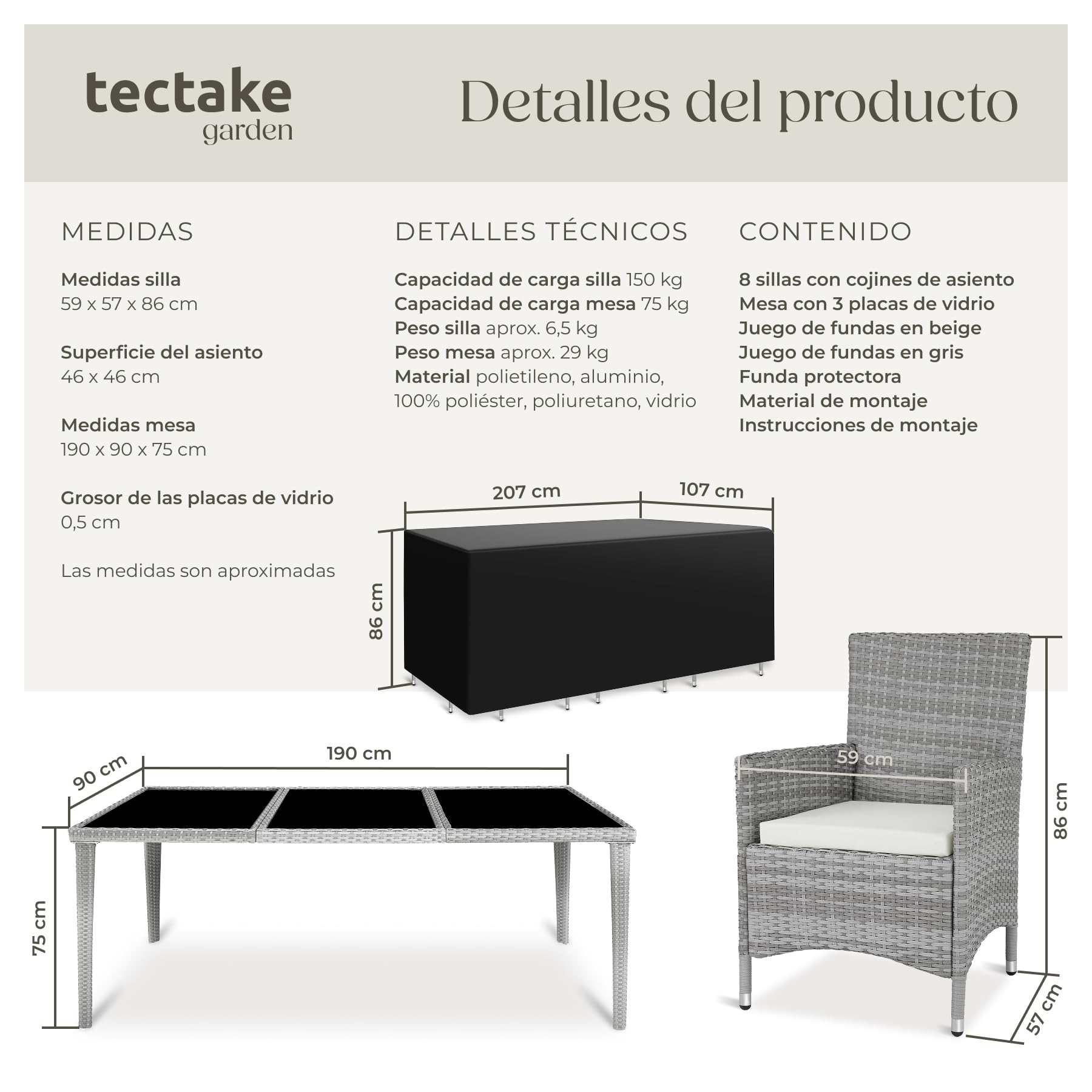 tectake® Conjunto Jardín Exterior de Ratán y Aluminio, Muebles Jardín Exterior Resistente a la Intemperie, 8 Sillas con Cojines, 1 Mesa con Cristal, 2 Juegos de Fundas y Funda Protectora - Gris Claro