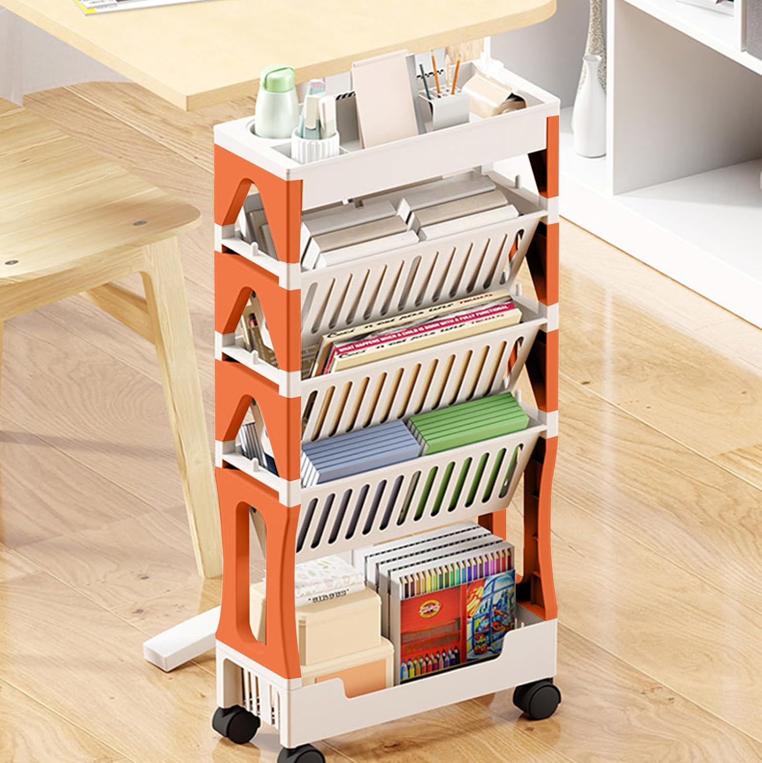 5 Tier Trolley Rolling Book Cart，Mobile Bookshelf, Slide Out Storage Organizer Tower, Narrow Mobile Shelving Unit, Organizer Bookshelves for Office, Dorm, Classroom (Orange)