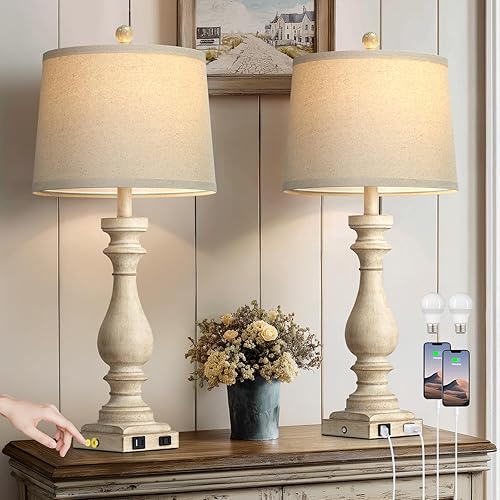 Miniatura 1 de 29" Tall Vintage Table Lamps Set of 2,Farmhouse Bedside Lamps with USB C+A Ports & AC Outlet,3-Way Dimmable Touch Lamp for Night Stands Living Room