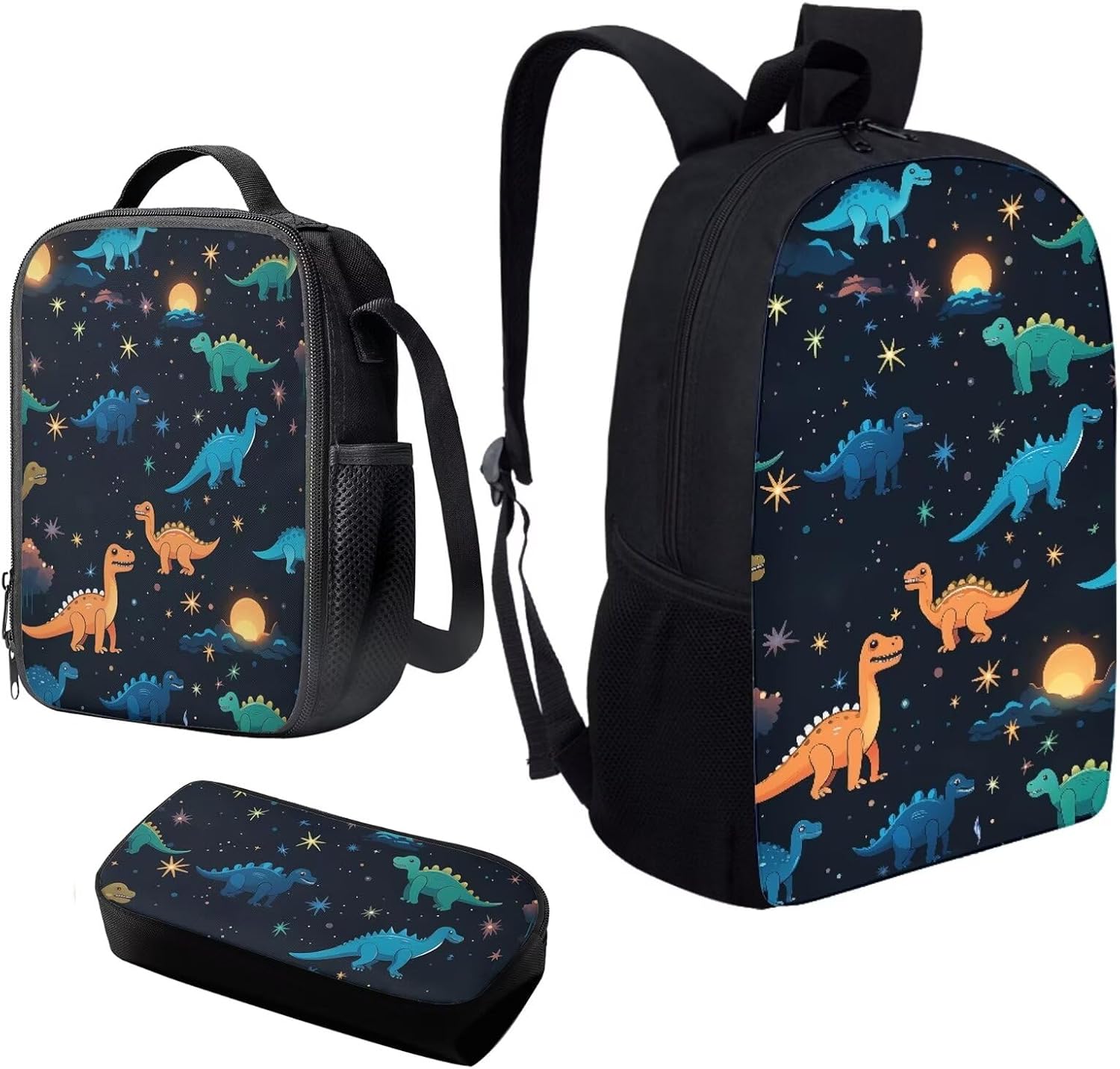 Cute Orange Blue T-rex Dinosaur Pattern Kids Laptop Backpack Set, School Book Daypack Schoolbag Insulated Lunch Bag Pencil Case Box Purses Handbags for Kids Girls Women Adults, 3 Pack