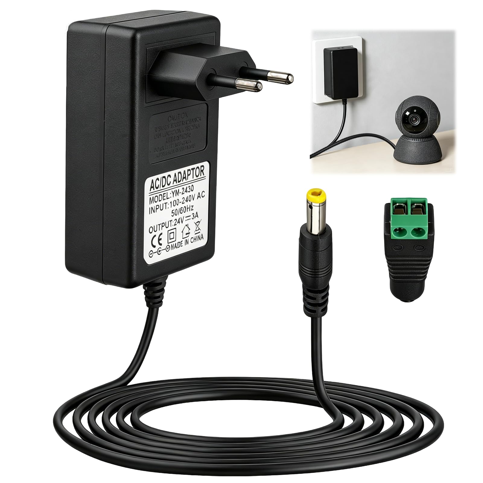 24V 3A Netzteil 72W Adapter, Steckernetzteil AC 100-240V auf DC 24V, LED Trafo Transformator mit 5.5x2.5mm Ausgang EU Stecker für LED Streifen, COB Strips, CCTV Kameras, Router, Schwarz