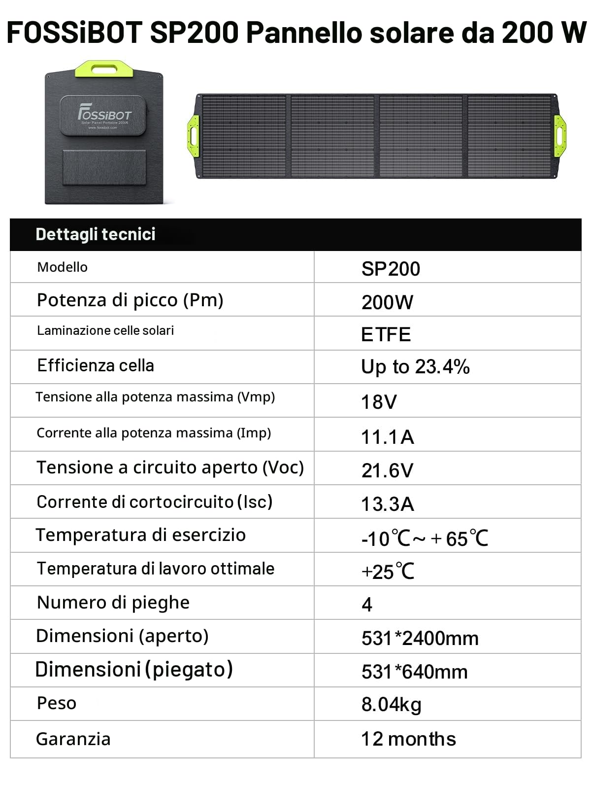 FOSSiBOT 200W Pannello Solare Portatile SP200, Pannello Solare Pieghevole per Centrale Elettrica F800/F1200/F2400/F3600/F3600 PRO, IP67, Alta Conversione 23,4%, Adatto per Roulotte, Campeggio, Balconi