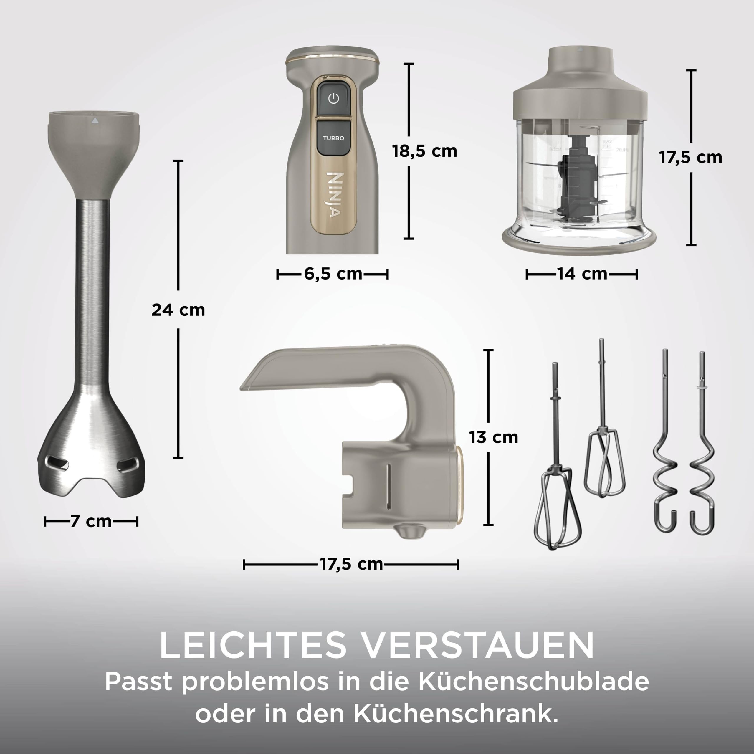 Ninja Foodi 3-in-1 Stabmixer Stufenweise Anlauf, 2 Misch-und 5 Rührgeschwindigkeiten zum Zerkleinern, Mischen, Kneten und mehr, spülmaschinenfest, Stone Gold CI100EUSTGD