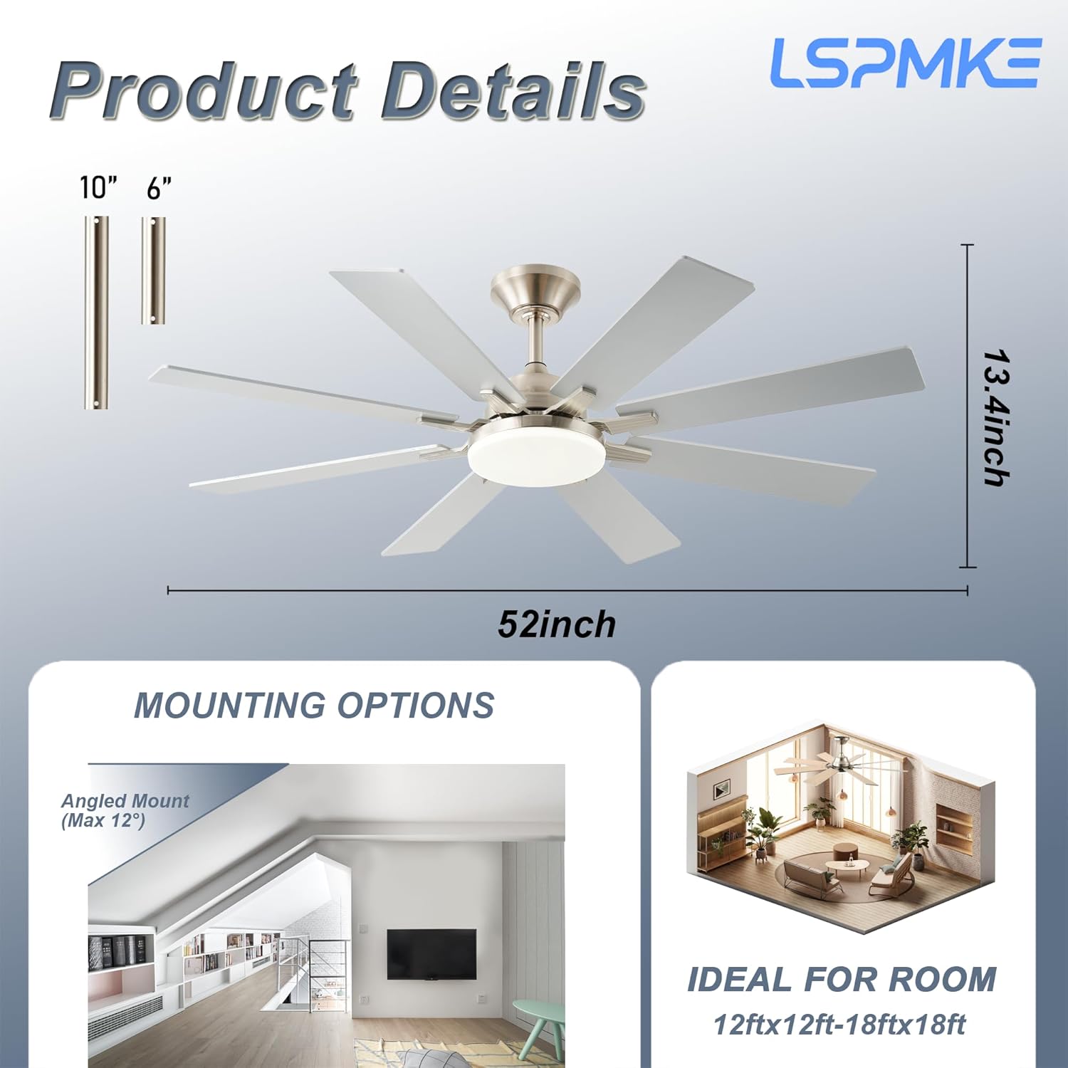 52 Inch Ceiling Fans with Lights, Nickel Ceiling Fan with Light and Remote Control, Reversible DC Motor, 3CCT, Dimmable, Timer, Noiseless, Ceiling Fan for Bedroom Livingroom, Indoor/Outdoor Use