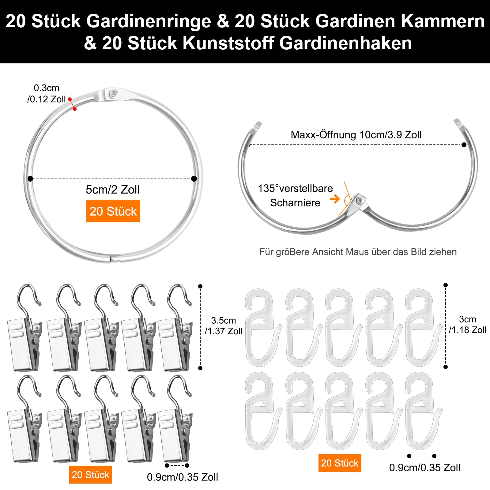 HavaCue 20 PCS Curtain Rings with Clips, 50 mm Curtain Clips Ring, Metal Ring Clip - Image 2